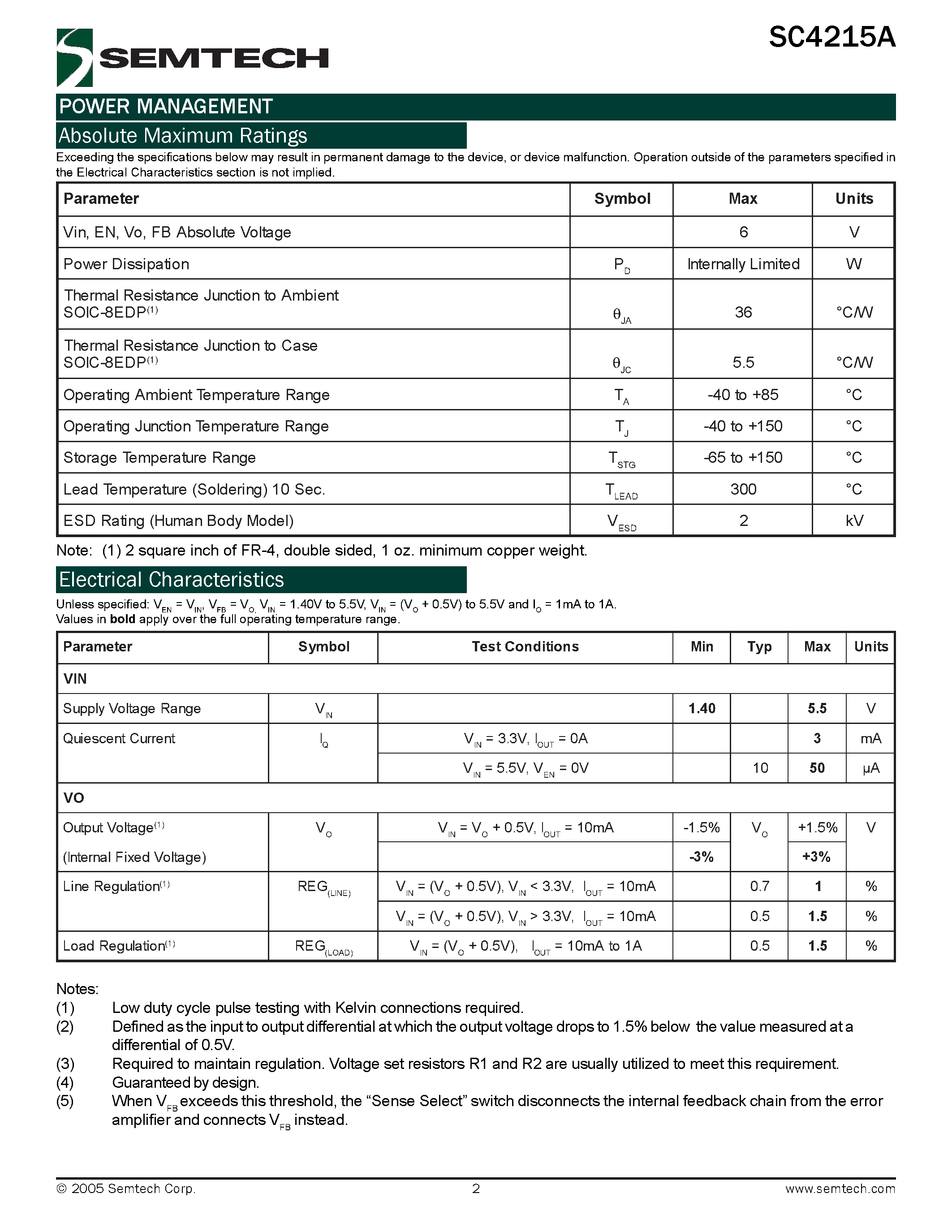 Datasheet SC4215A - Very Low Input / Very Low Dropout 2 Amp Regulator With Enable page 2