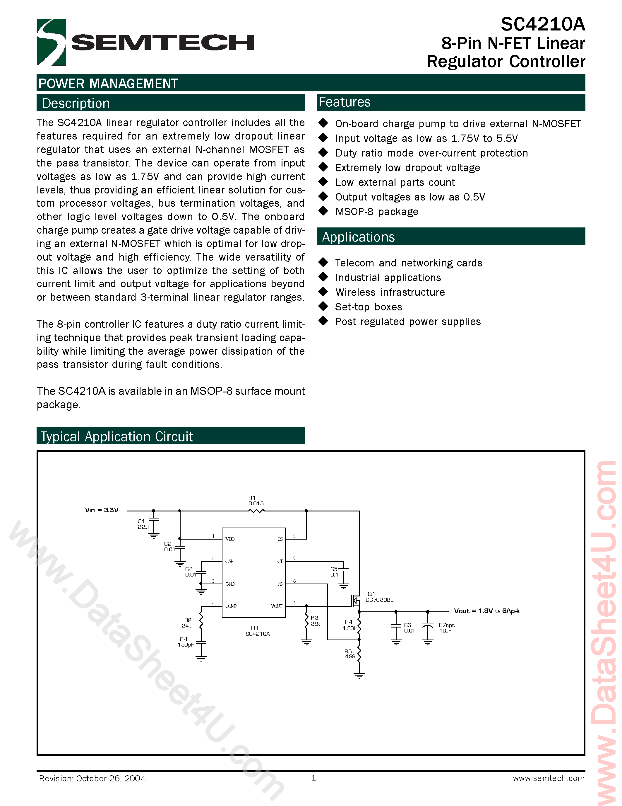 Datasheet SC4210A page 1 Datasheet SC4210A - 8-Pin N-FET Linear Regulator Controller page 1