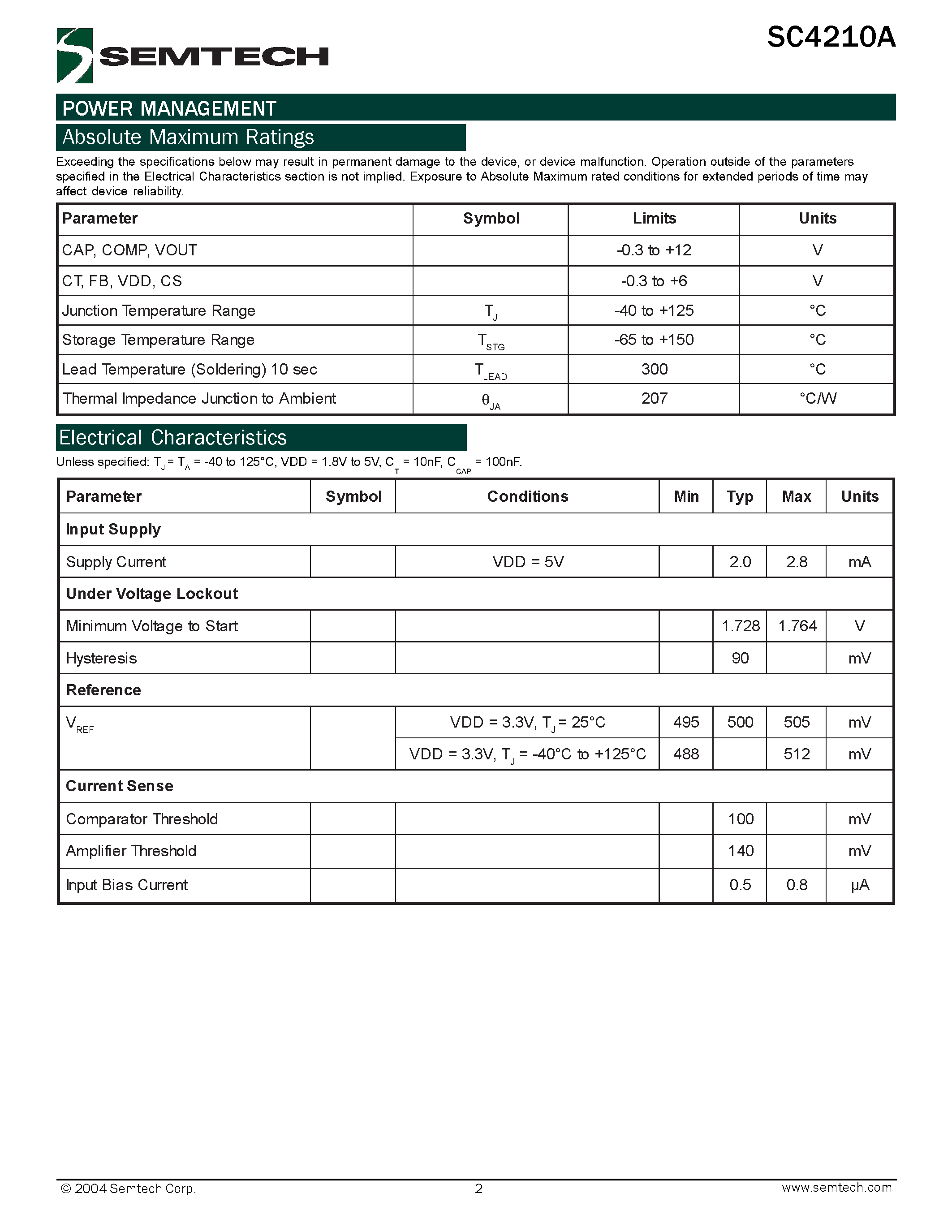 Datasheet SC4210A page 2 Datasheet SC4210A - 8-Pin N-FET Linear Regulator Controller page 2