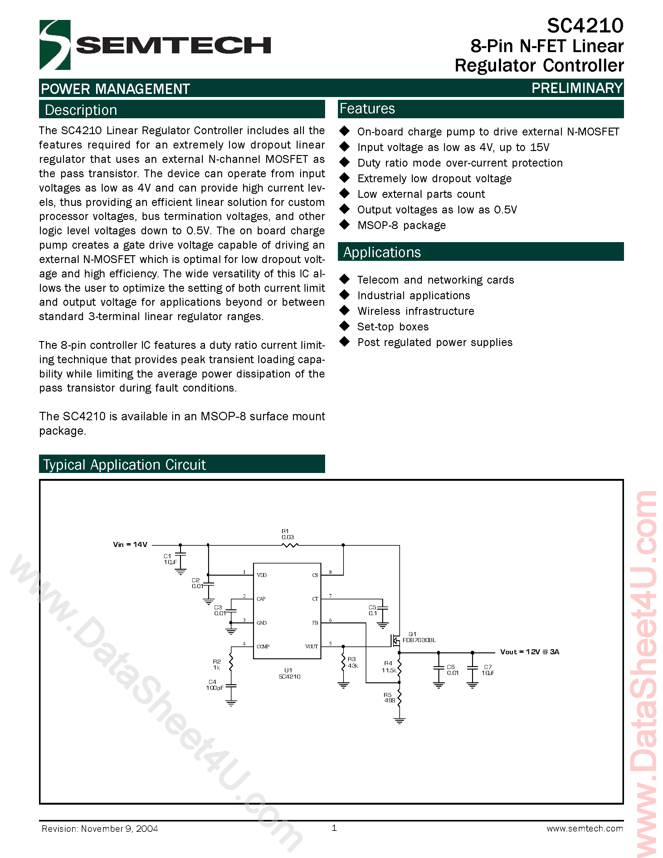 Datasheet SC4210 - 8-Pin N-FET Linear Regulator Controller page 1