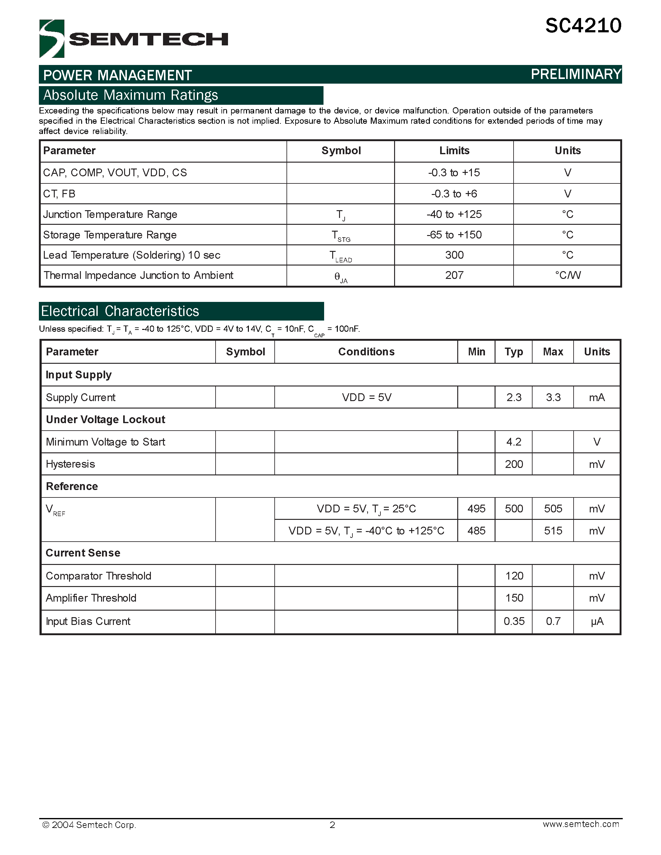 Datasheet SC4210 - 8-Pin N-FET Linear Regulator Controller page 2