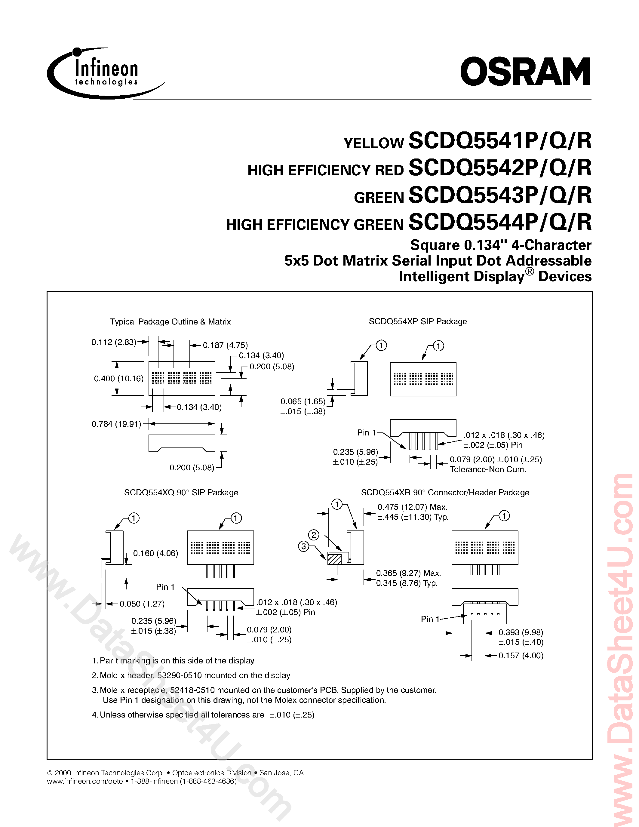 Datasheet SCDQ5541 - (SCDQ5541x - SCDQ5544x) Intelligent Display / 0.134 Inch / 4-Character / 5 X 5 Dot Matrix page 1