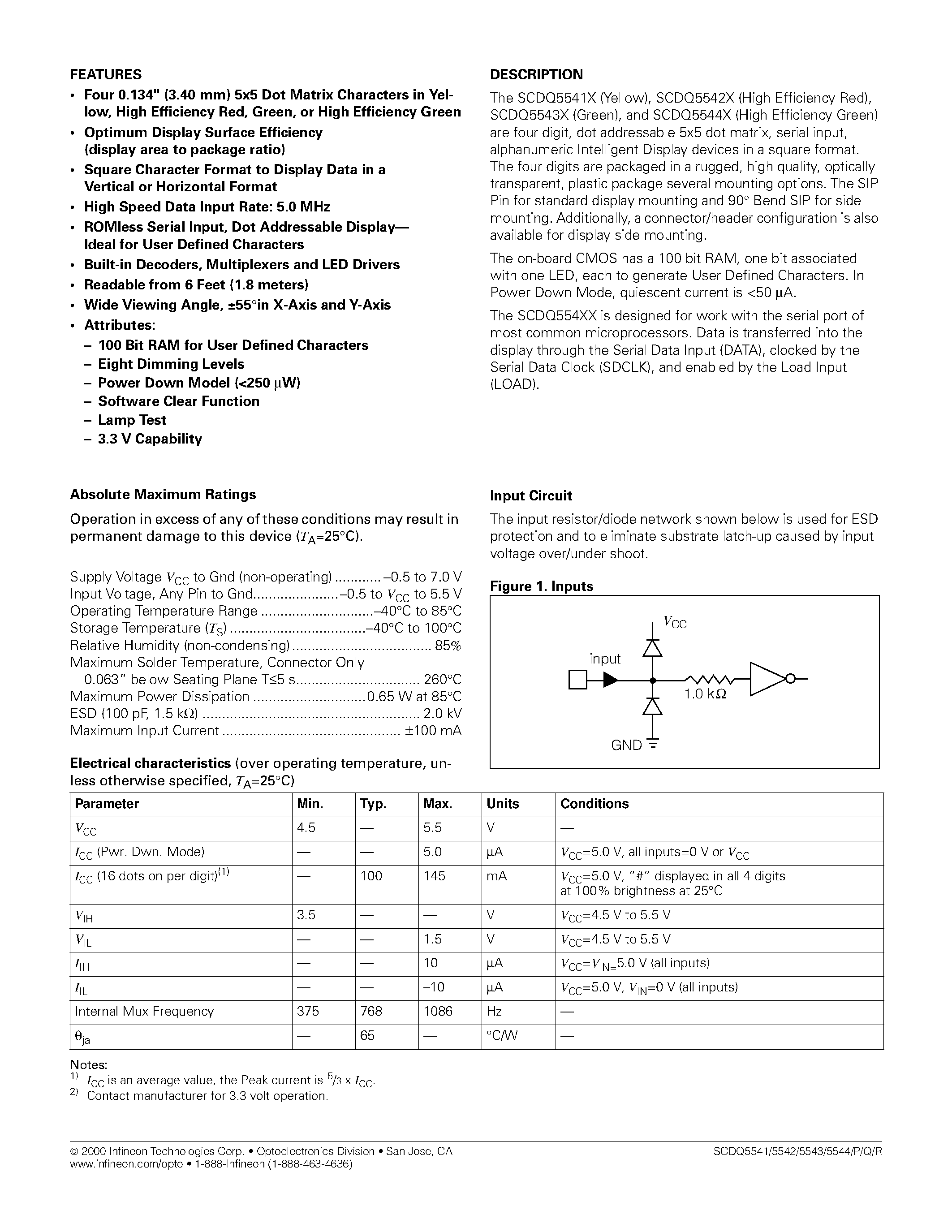 Datasheet SCDQ5541 - (SCDQ5541x - SCDQ5544x) Intelligent Display / 0.134 Inch / 4-Character / 5 X 5 Dot Matrix page 2