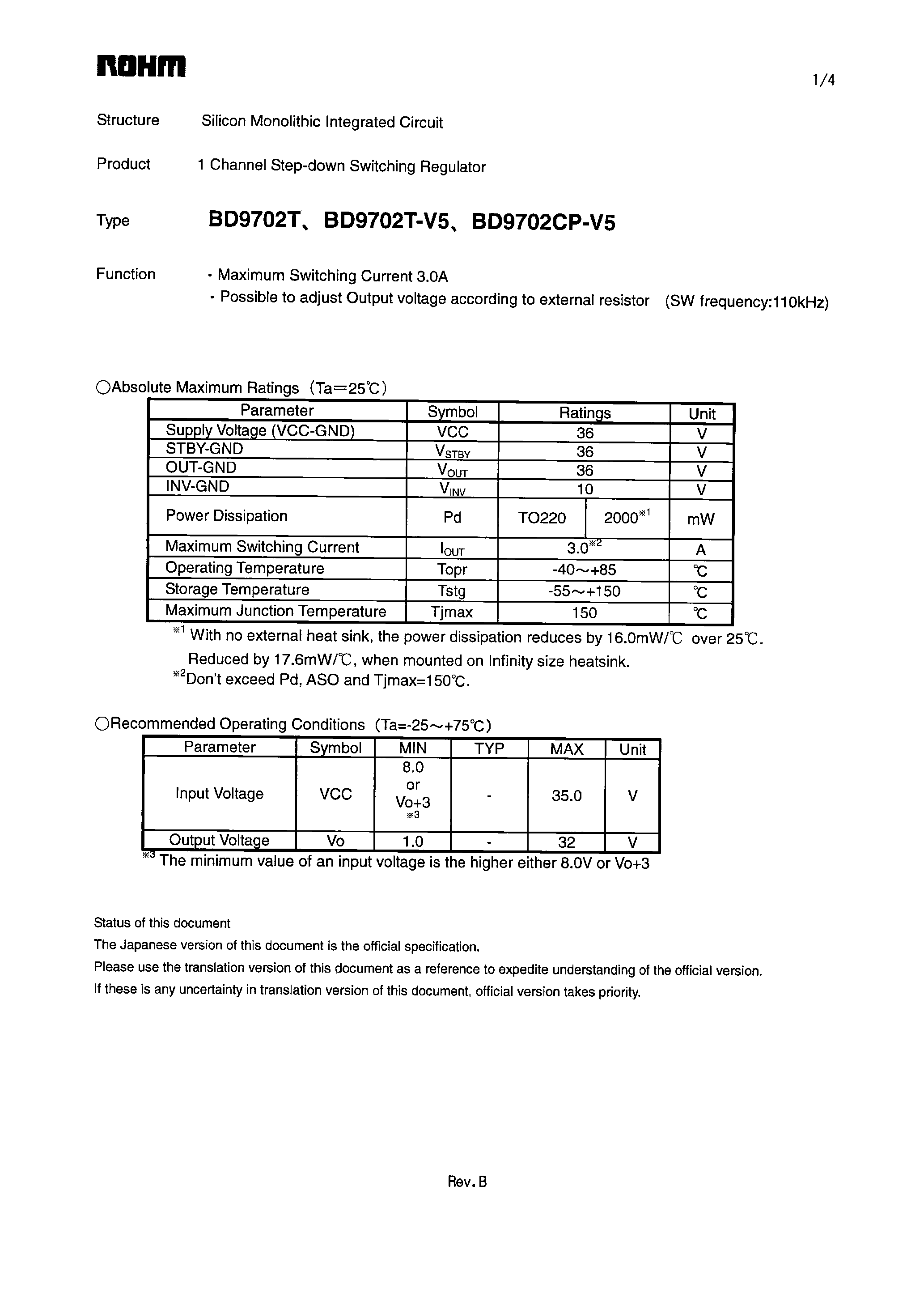 Даташит на микросхему BD9702 страница 1 Даташит BD9702 - (BD9702xx) 1-Channel Step-Down Switching Regulator страница 1