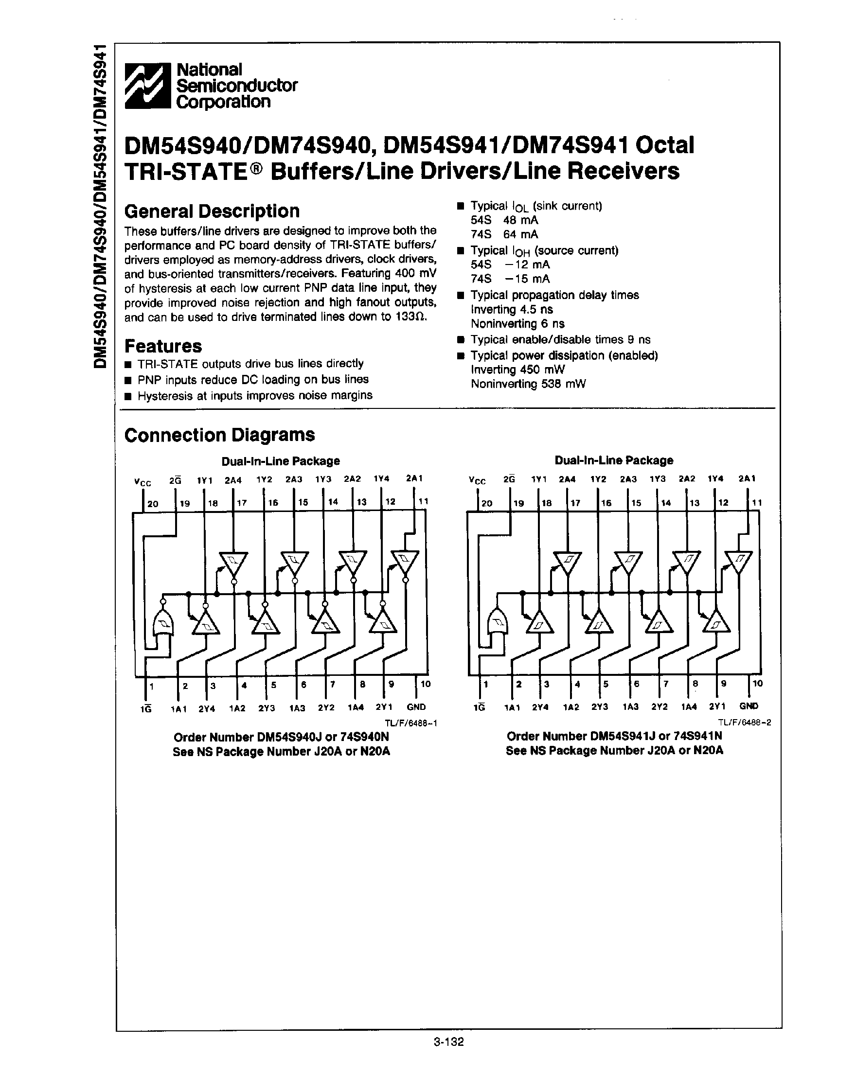 Datasheet DM54S940 page 1 Datasheet DM54S940 - (DM54S940 / DM54S941) TRI-STATE Buffers/Line Drivers/Line Receivers page 1