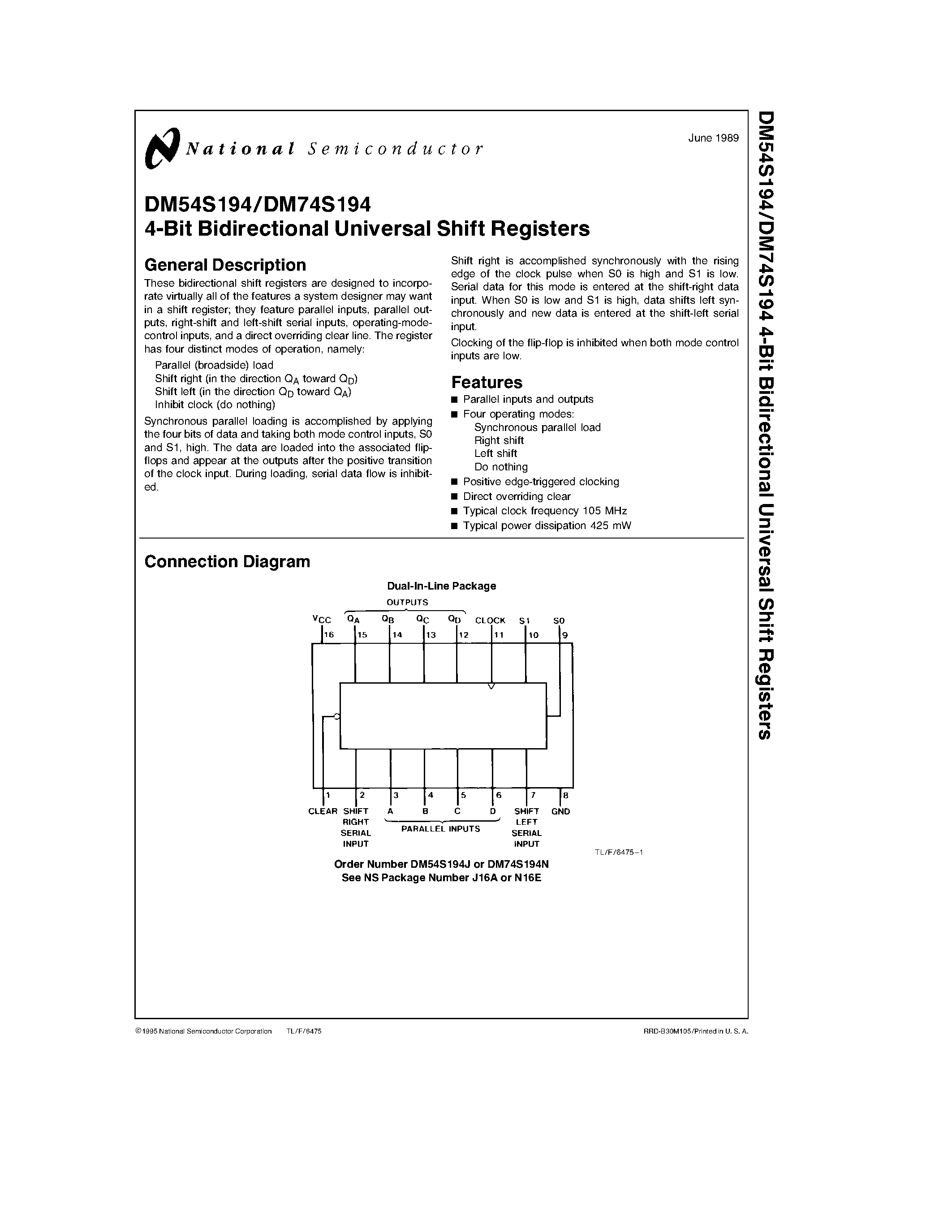 Datasheet DM54S194 page 1 Datasheet DM54S194 - 4-Bit Bidirectional Universal Shift Registers page 1