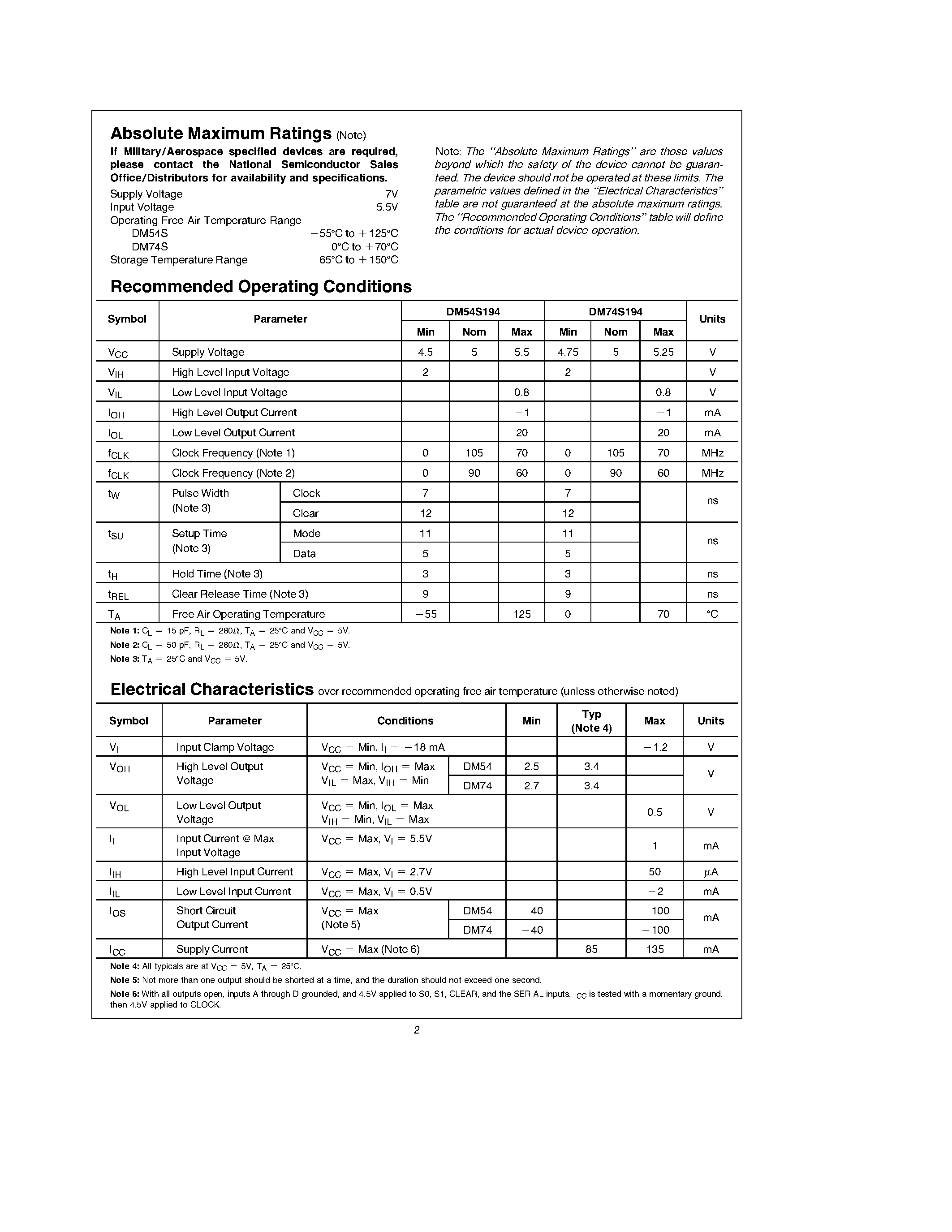 Datasheet DM54S194 page 2 Datasheet DM54S194 - 4-Bit Bidirectional Universal Shift Registers page 2