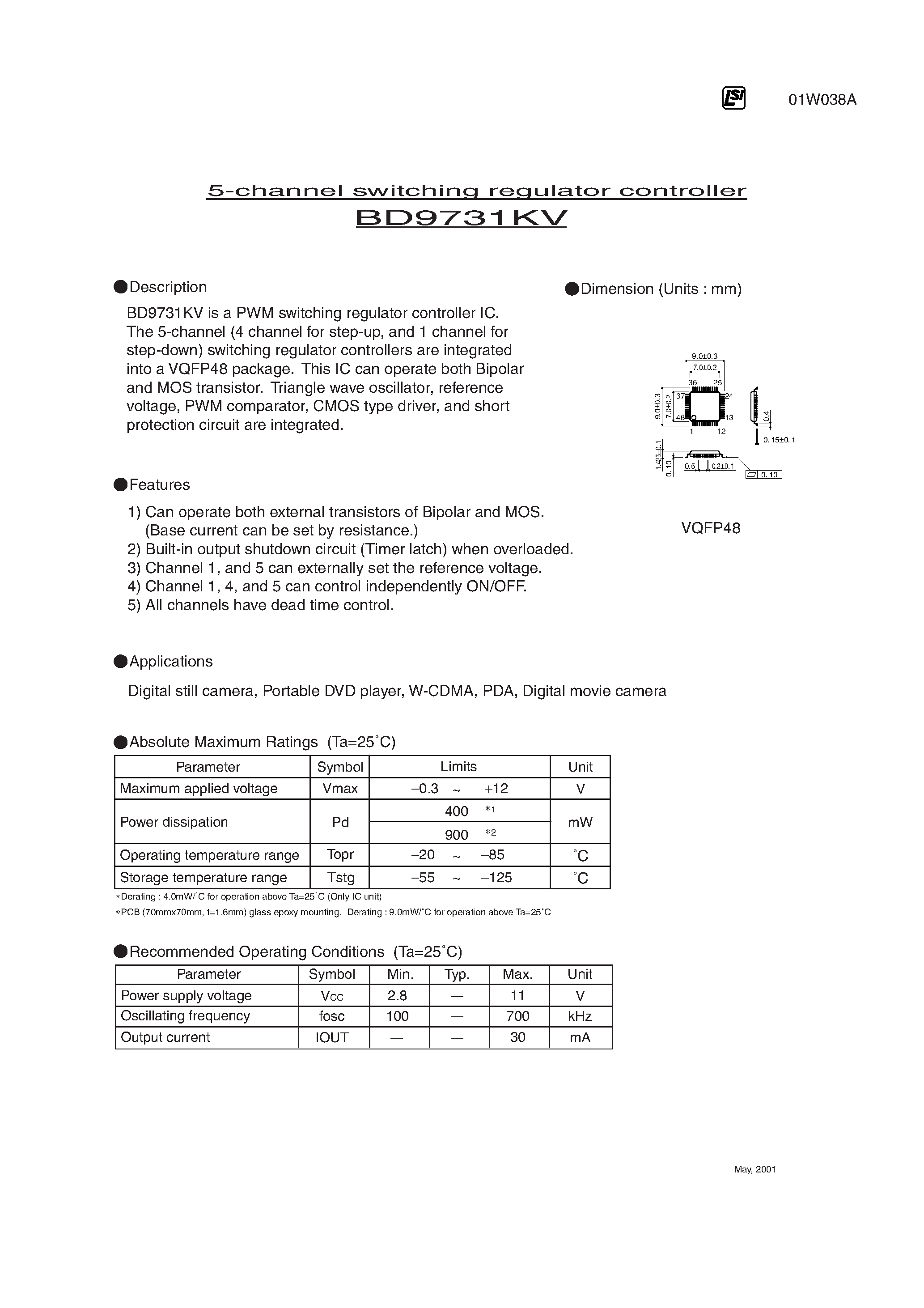 Datasheet BD9731KV - 5-channel switching regulator controller page 1