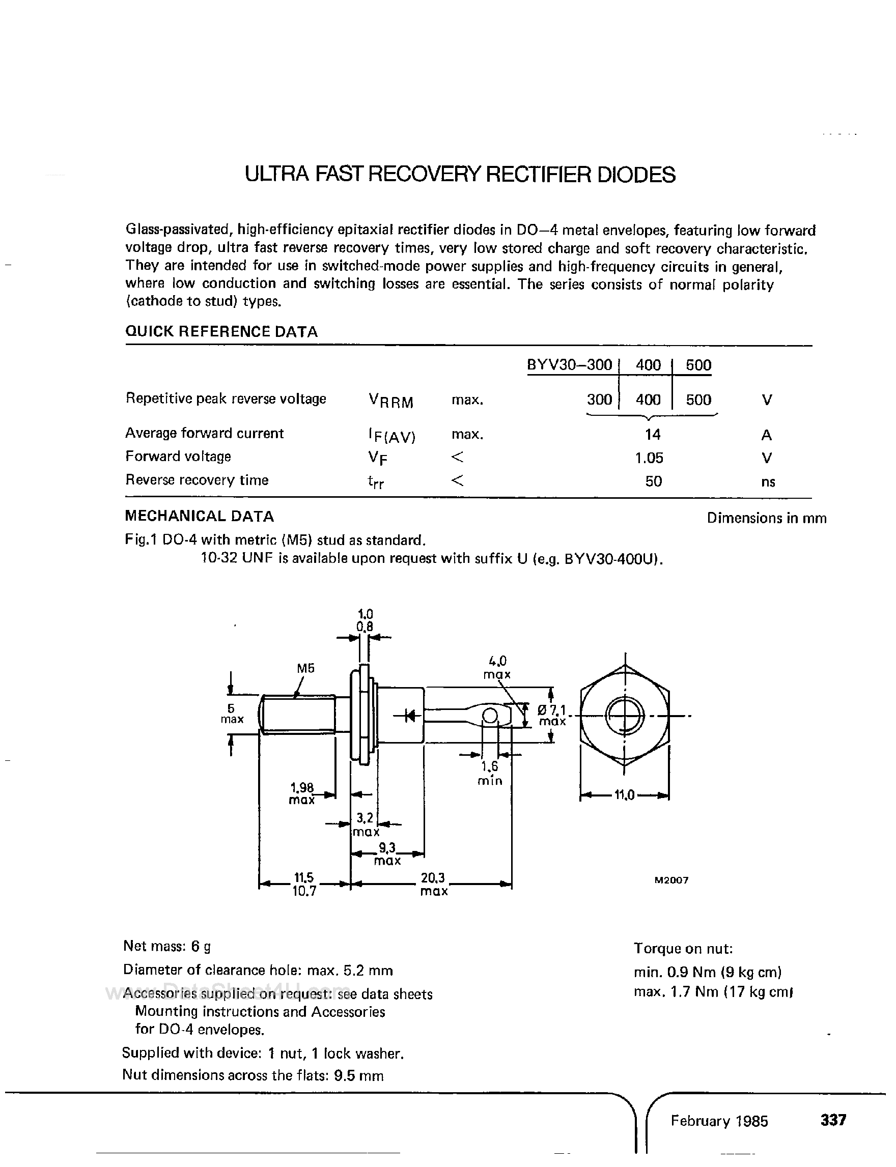 Datasheet BYV30 page 1 Datasheet BYV30 - Ultra Fast Recovery Rectifier Diodes page 1