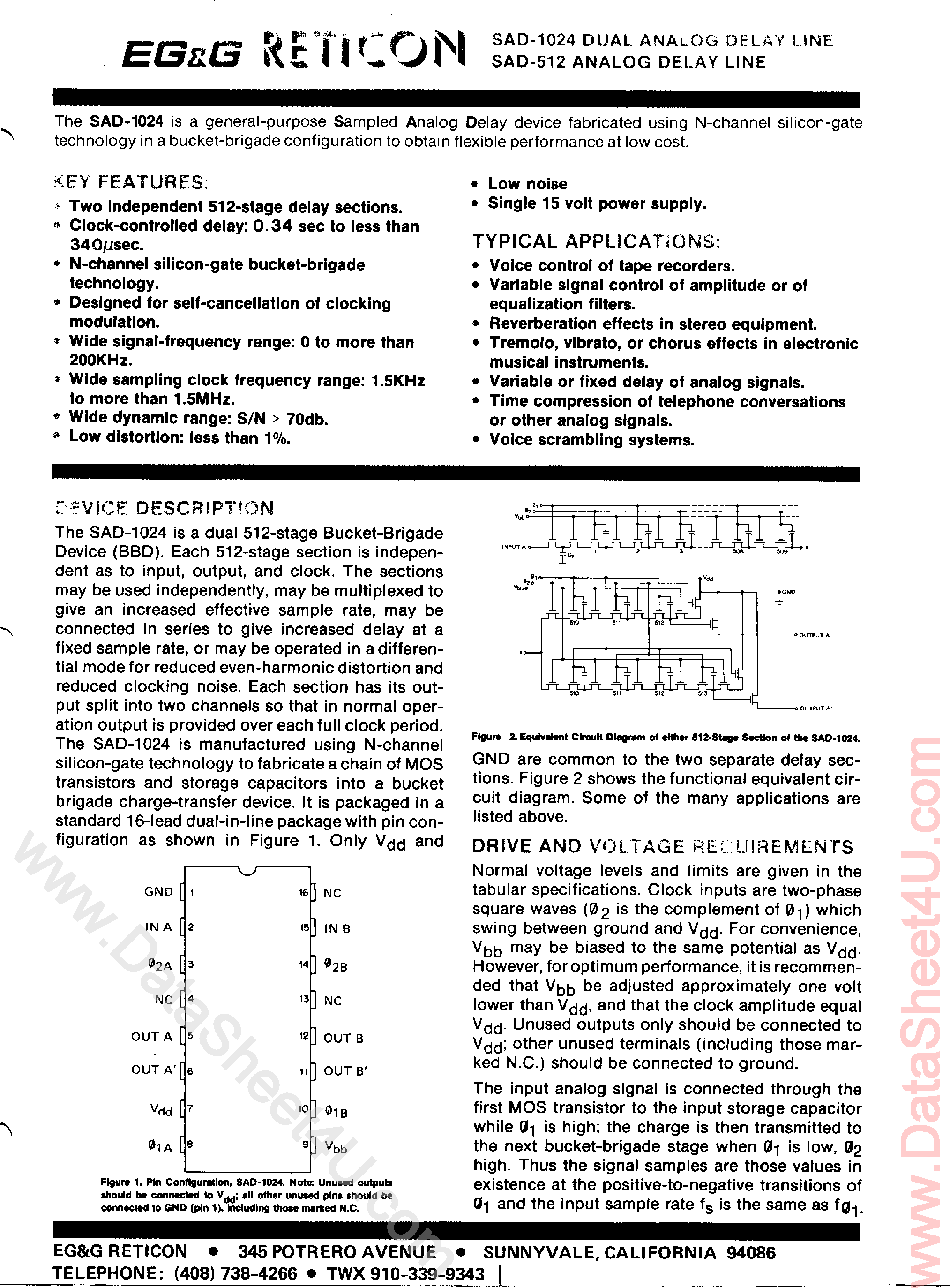 Datasheet SAD-1024 - (SAD1024 / SAD512) Dual Analog Delay Line page 1