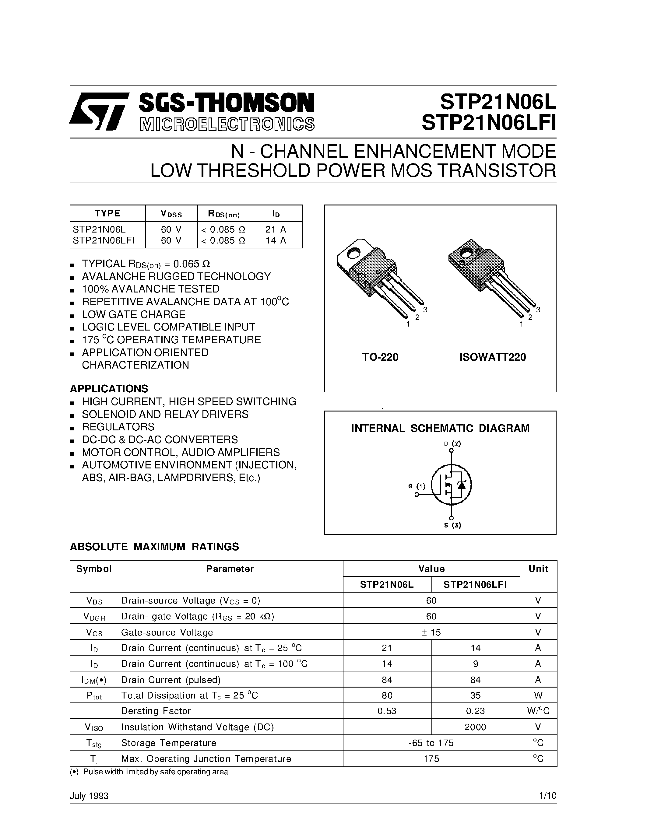Datasheet STP21N06L - N - CHANNEL ENHANCEMENT MODE LOW THRESHOLD POWER MOS TRANSISTOR page 1