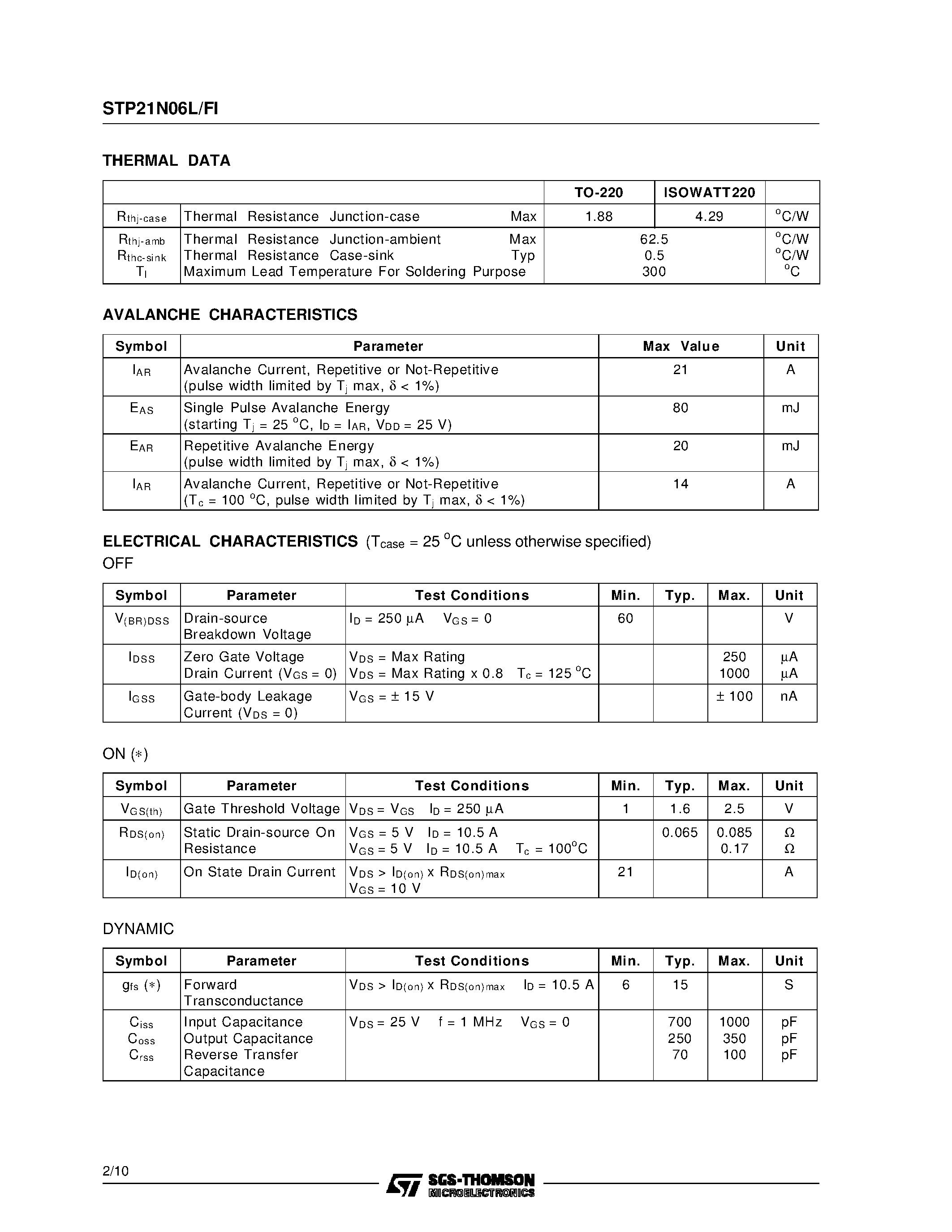 Datasheet STP21N06L - N - CHANNEL ENHANCEMENT MODE LOW THRESHOLD POWER MOS TRANSISTOR page 2