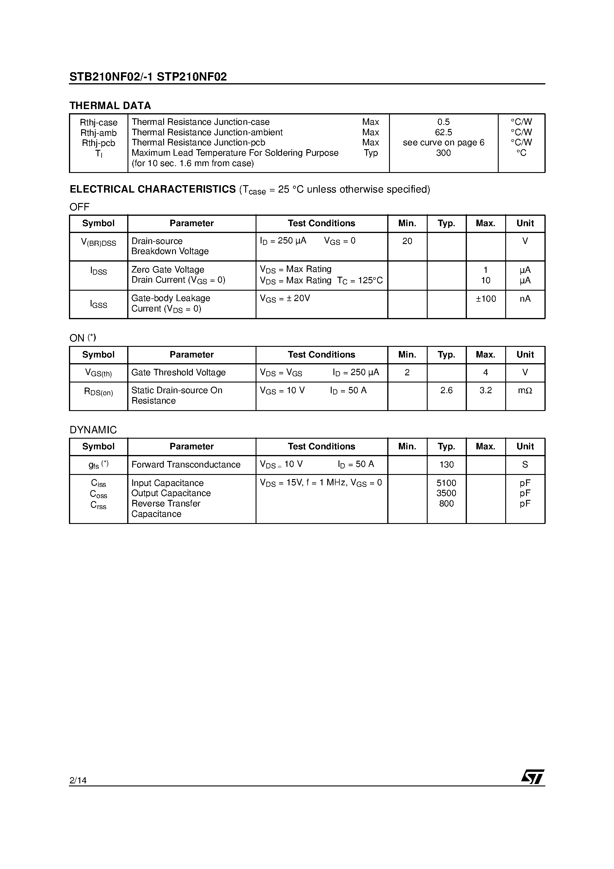 Datasheet STP210NF02 - N-CHANNEL POWER MOSFET page 2