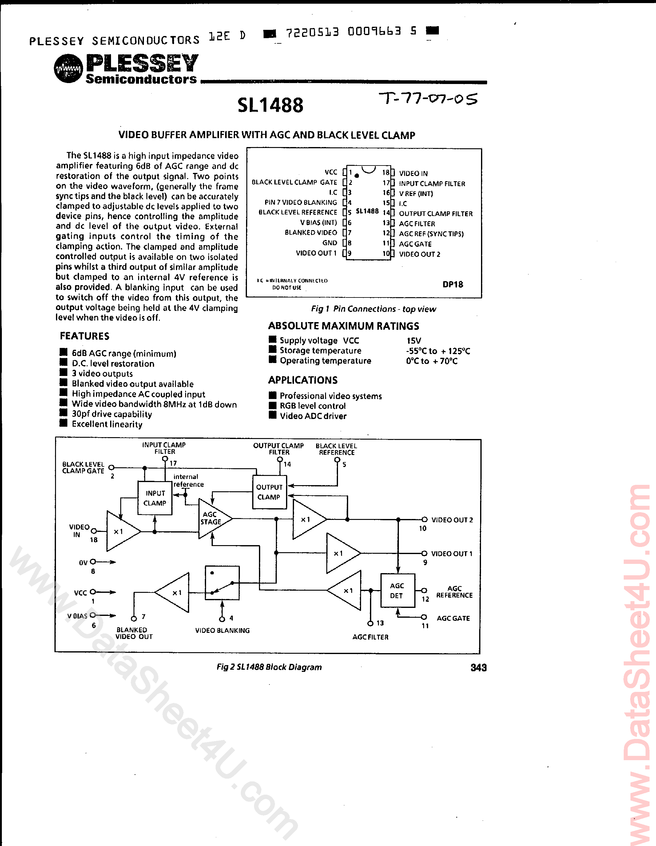 Datasheet SL1488 page 1 Datasheet SL1488 - Video Buffer Amplifier page 1