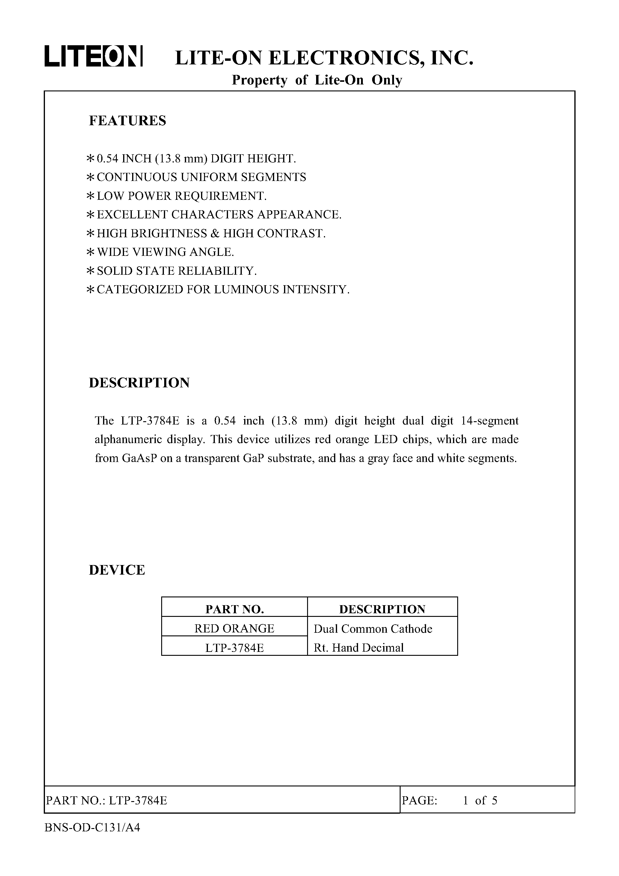 Datasheet LTP-3784E - 0.54 inch (13.8 mm) digit height dual digit 14-segment alphanumeric display page 1