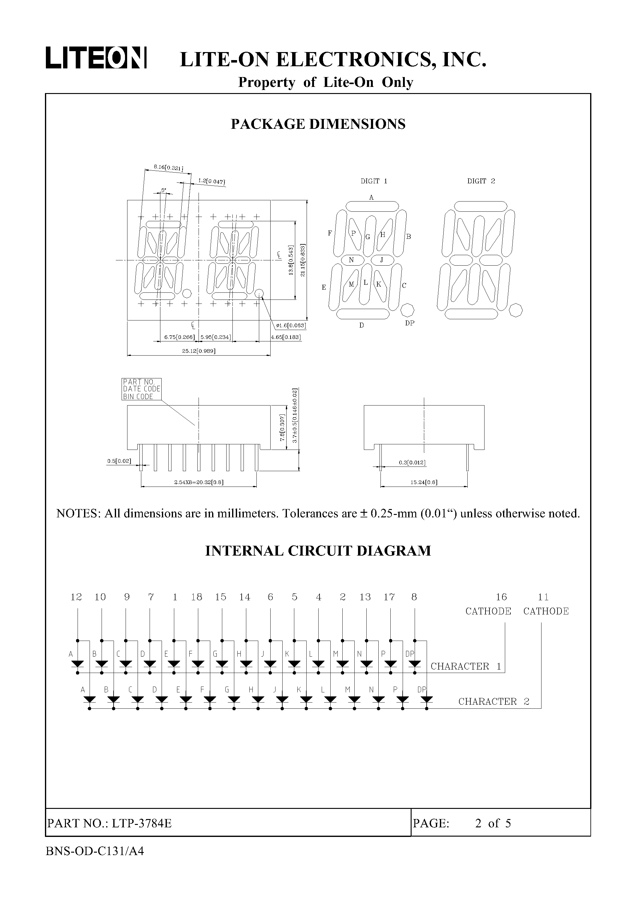 Datasheet LTP-3784E - 0.54 inch (13.8 mm) digit height dual digit 14-segment alphanumeric display page 2