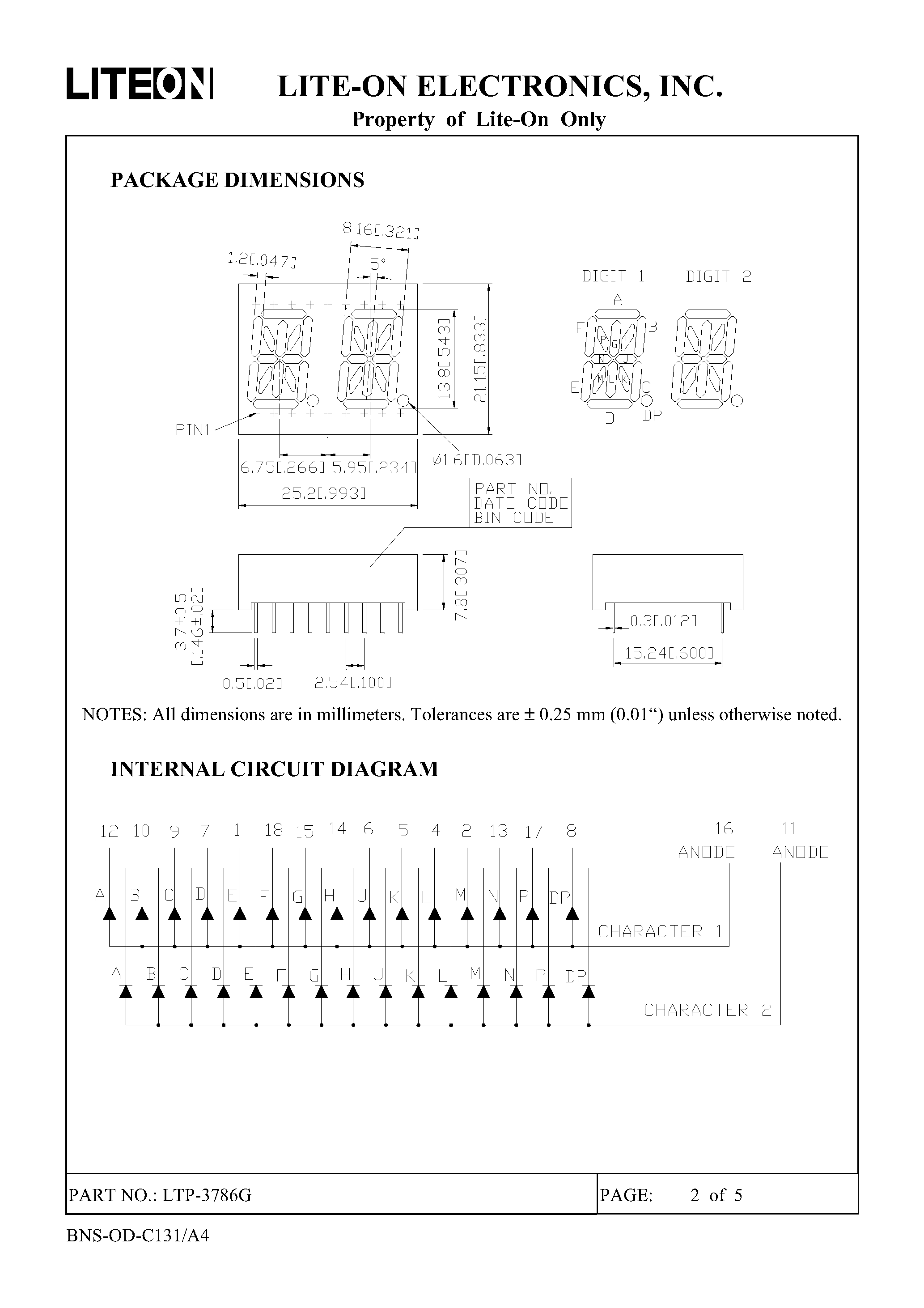 Datasheet LTP-3786G - 0.54 inch (13.6 mm) digit height dual digit seven-segment display page 2