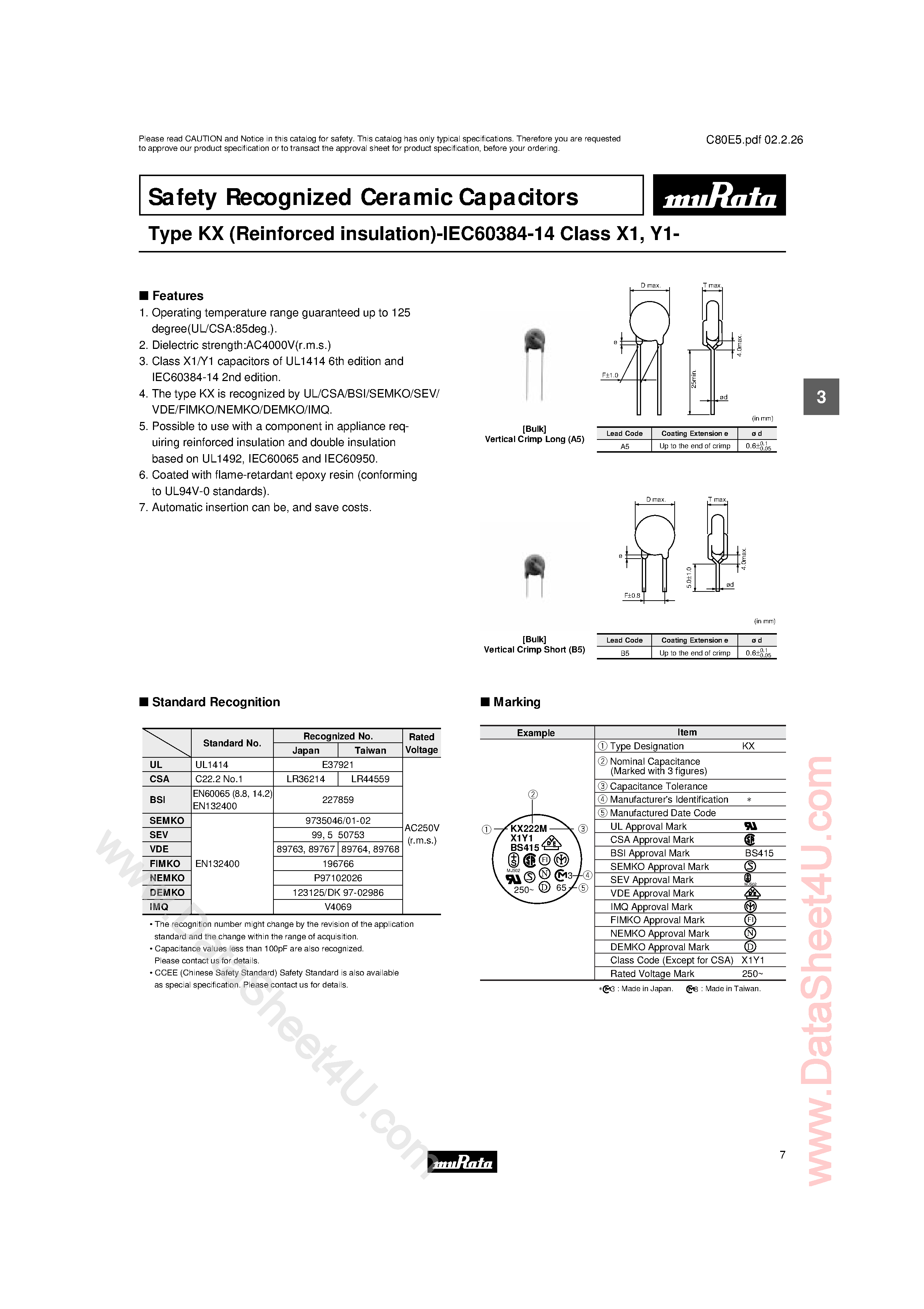 Datasheet DE1E3KXxxxx page 1 Datasheet DE1E3KXxxxx - Safety Recognized Ceramic Capacitors page 1