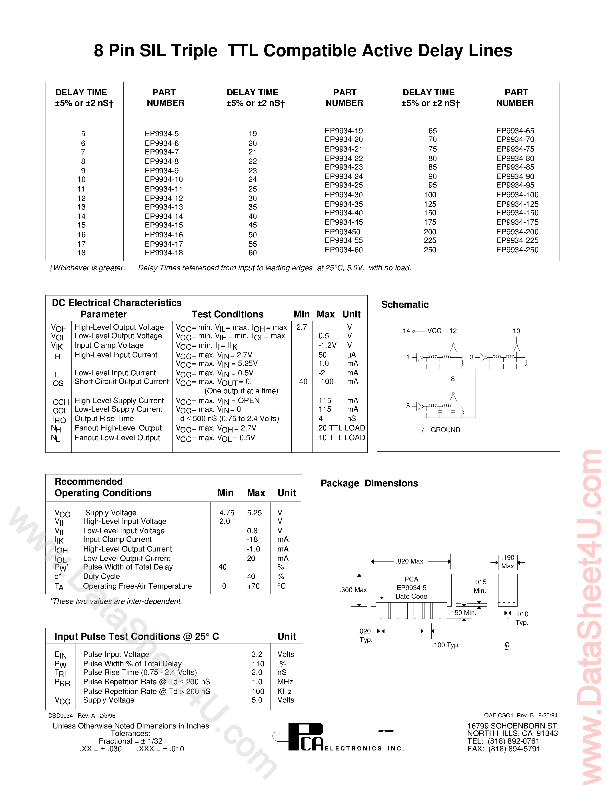 Даташит EP9934 - 8 Pin Sil Triple TTL Compatible Active Delay Lines страница 1
