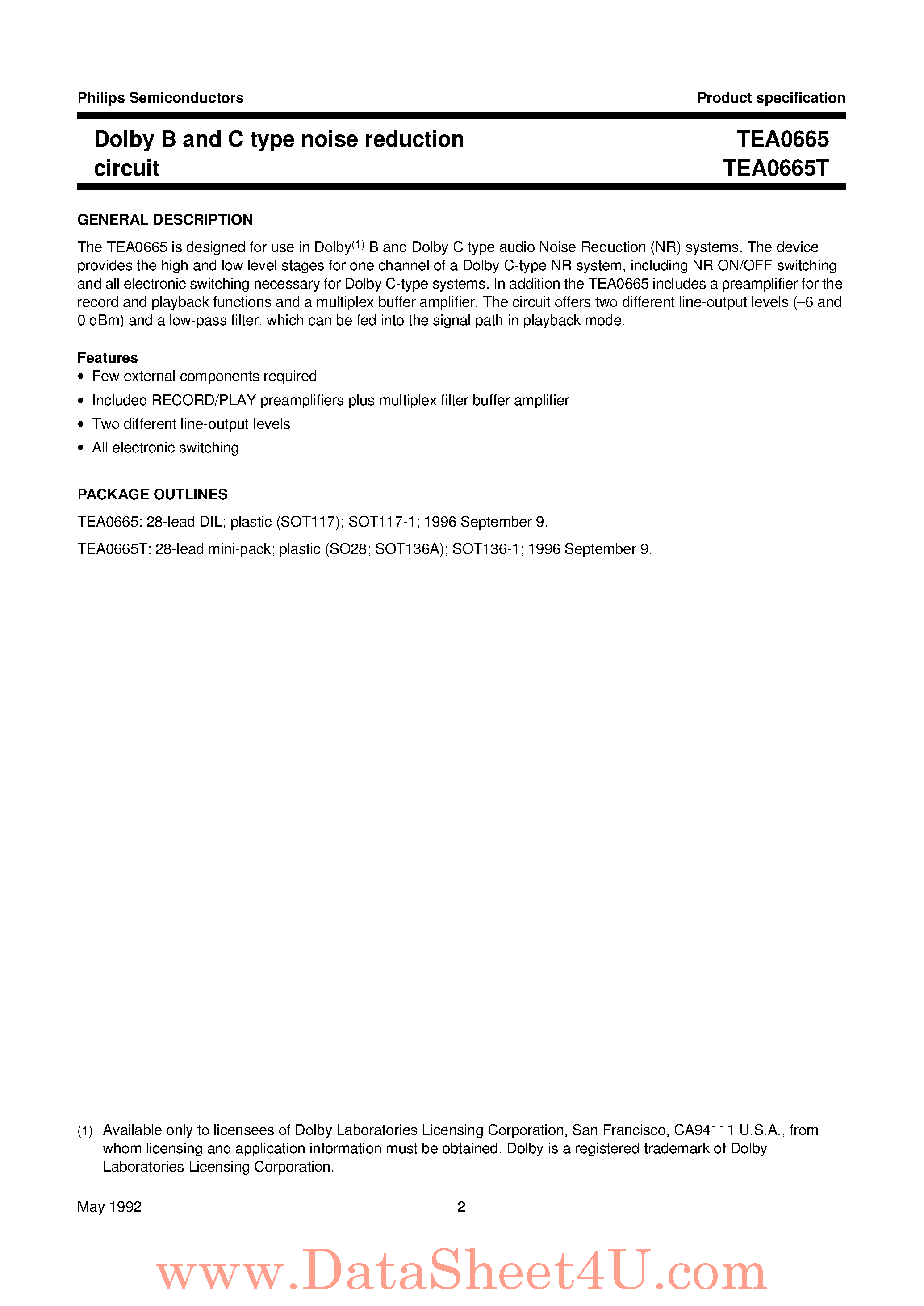Даташит на микросхему TEA0665 страница 2 Даташит TEA0665 - Dolby B and C Type Noise Reduction Circuit страница 2