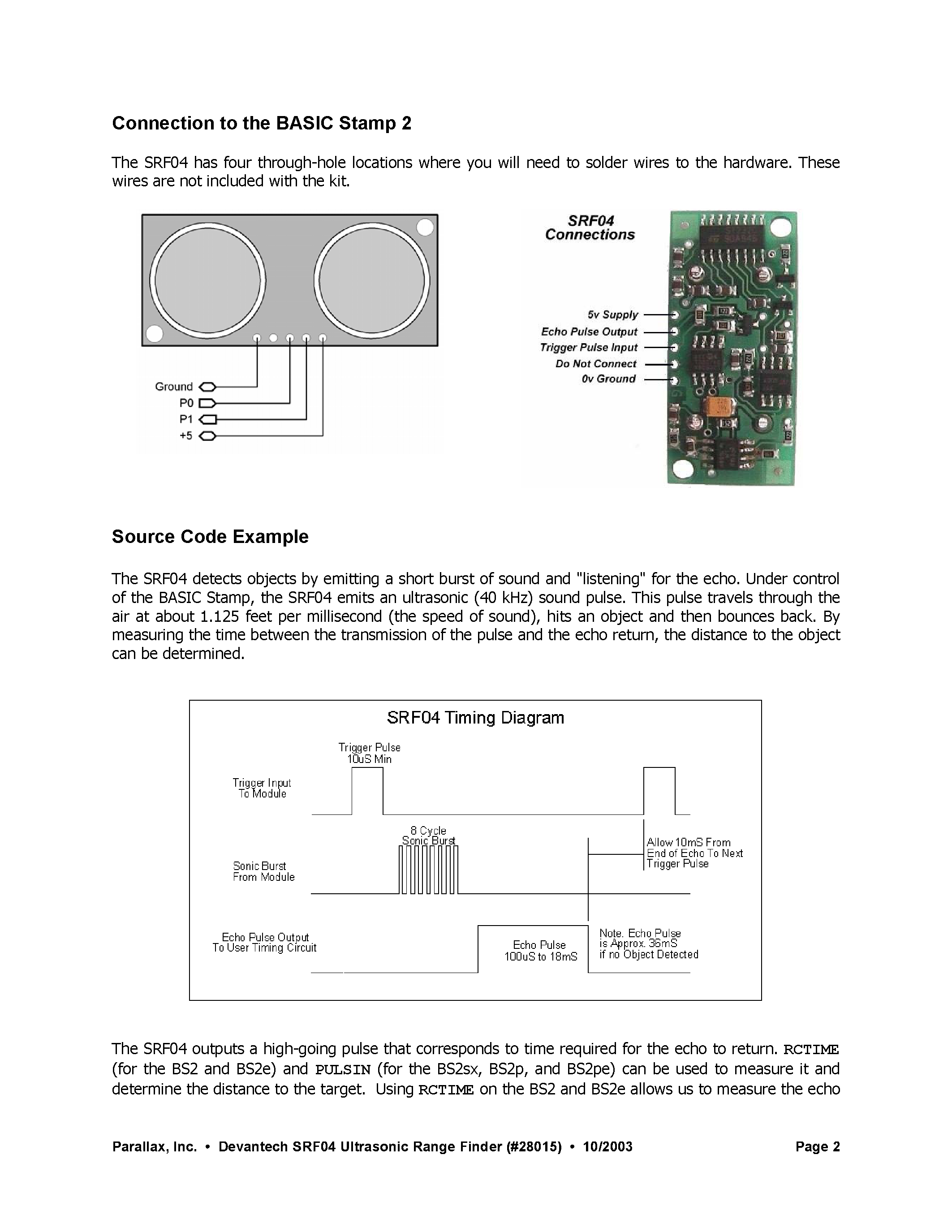 Datasheet SRF04 page 2 Datasheet SRF04 - Ultrasonic Range Finger Application Note page 2