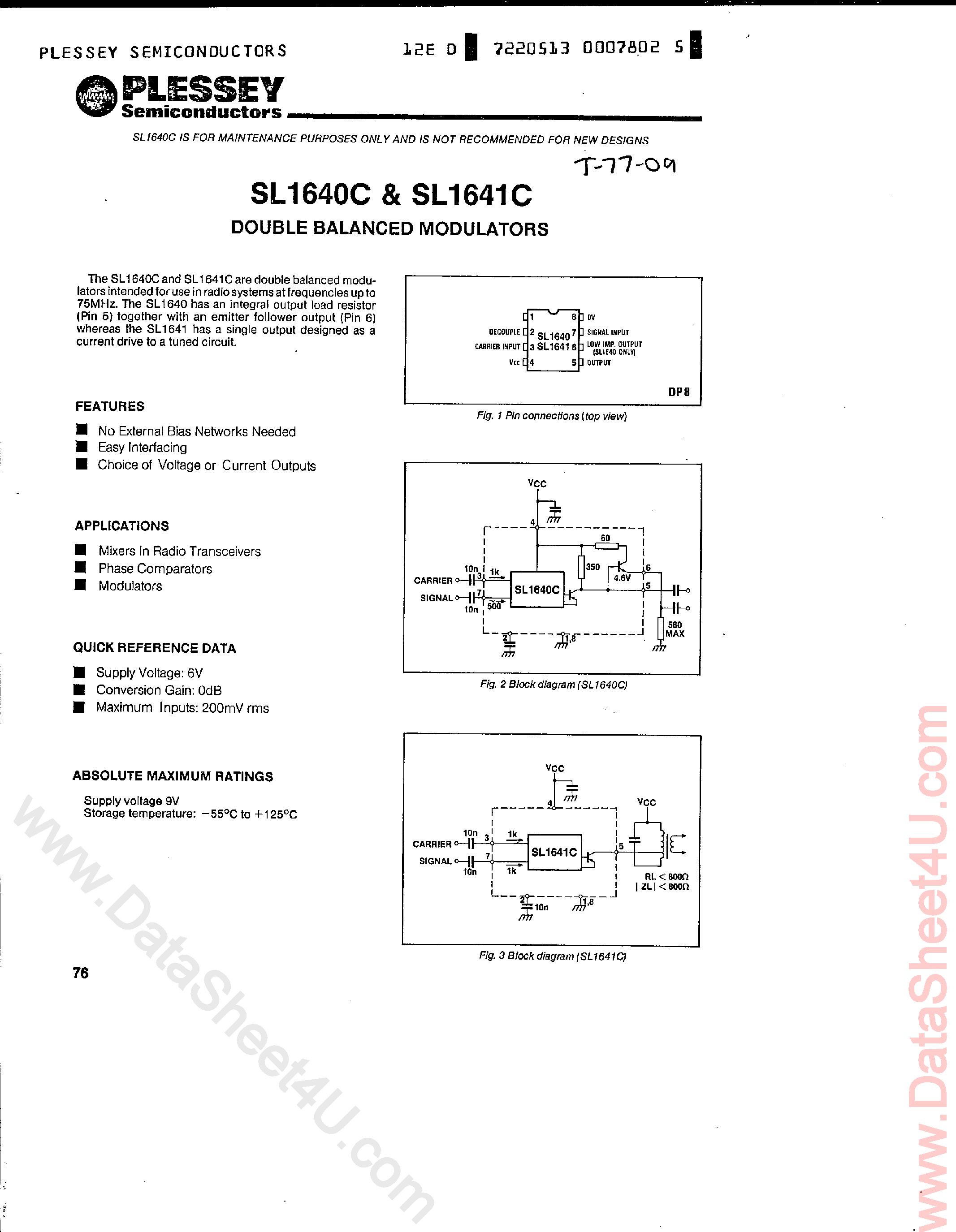 Даташит на микросхему SL1640C страница 1 Даташит SL1640C - (SL1640C / SL1641C) Double Balanced modulators страница 1