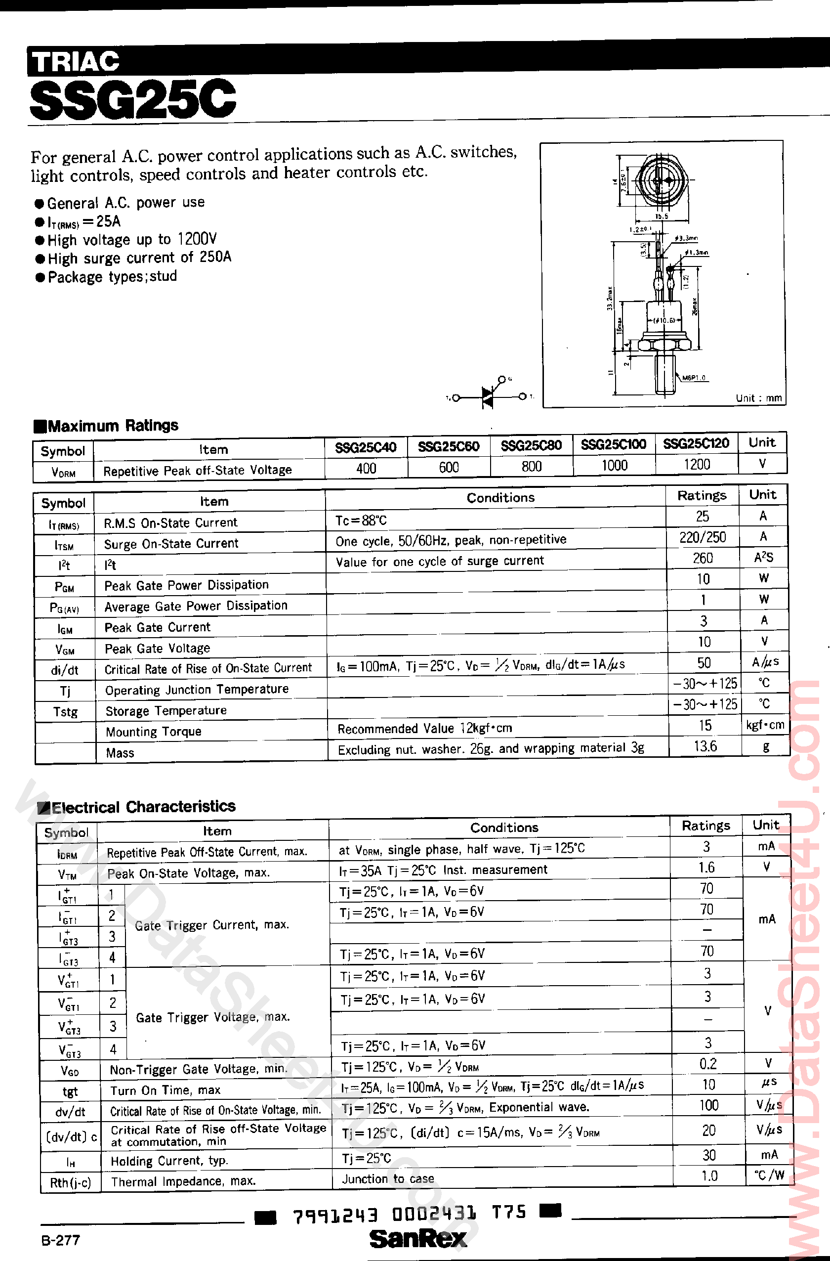 Даташит на микросхему SSG25C100 страница 1 Даташит SSG25C100 - (SSG25C Series) Triac страница 1