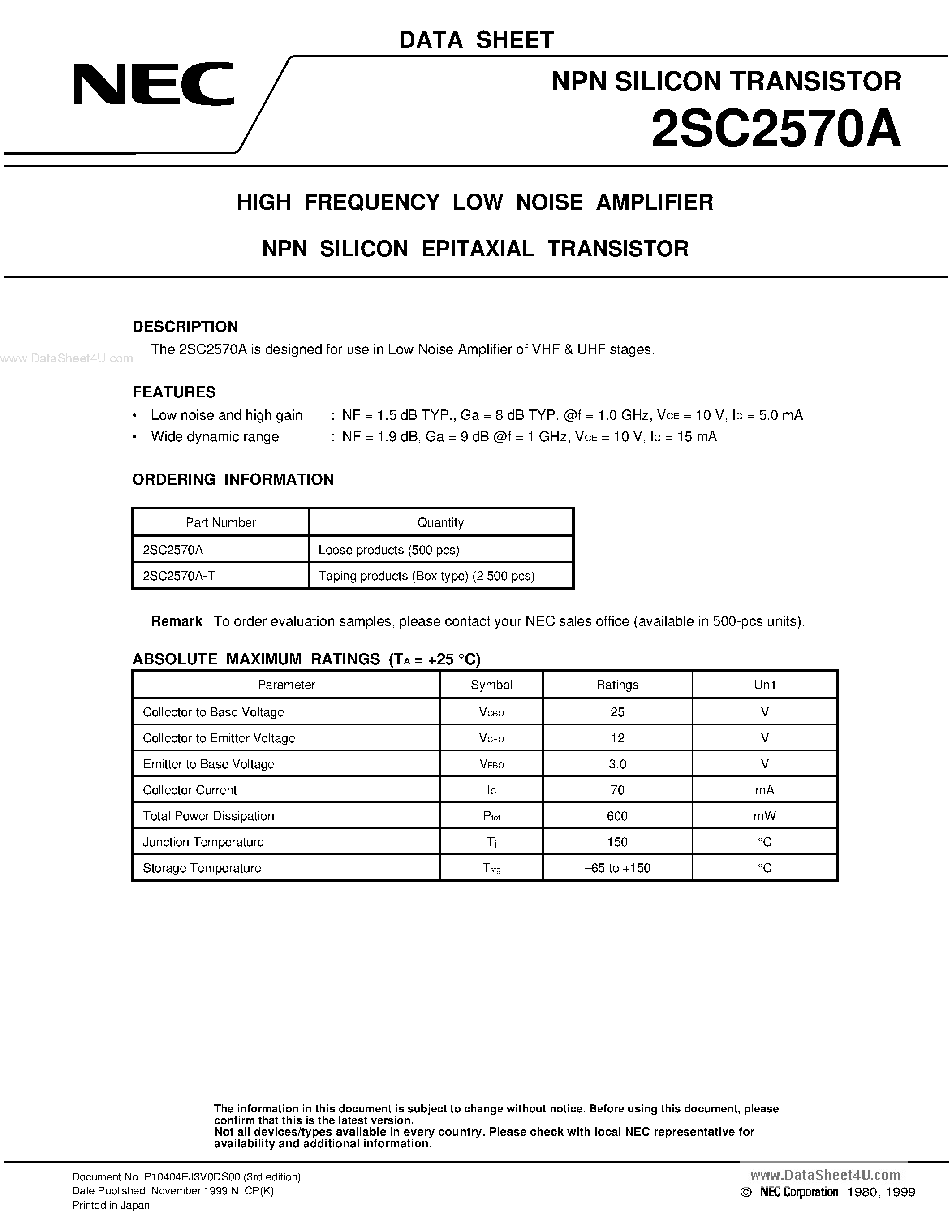 Datasheet SC2570 - Search -----> 2SC2570 page 1