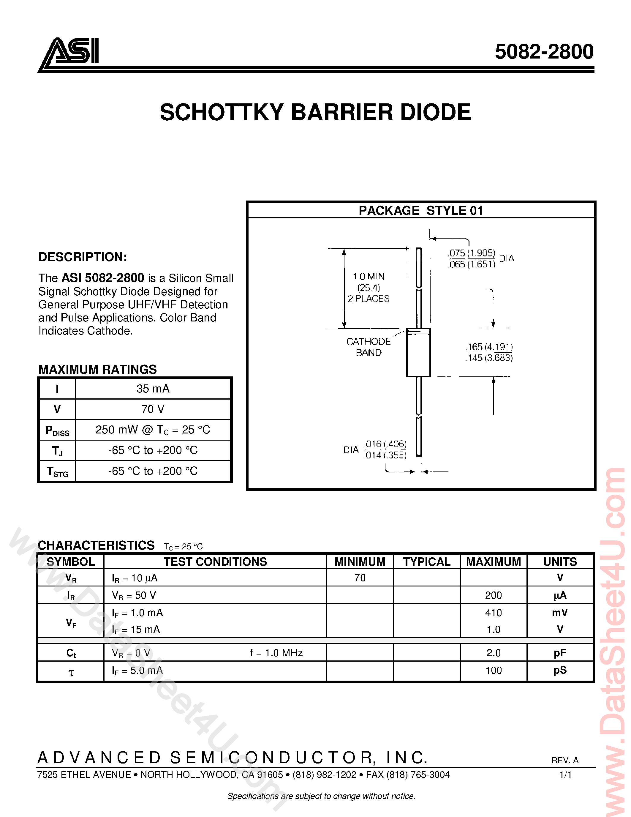 Datasheet 5082-2800 page 1 Datasheet 5082-2800 - Schottky Barrier Diode page 1