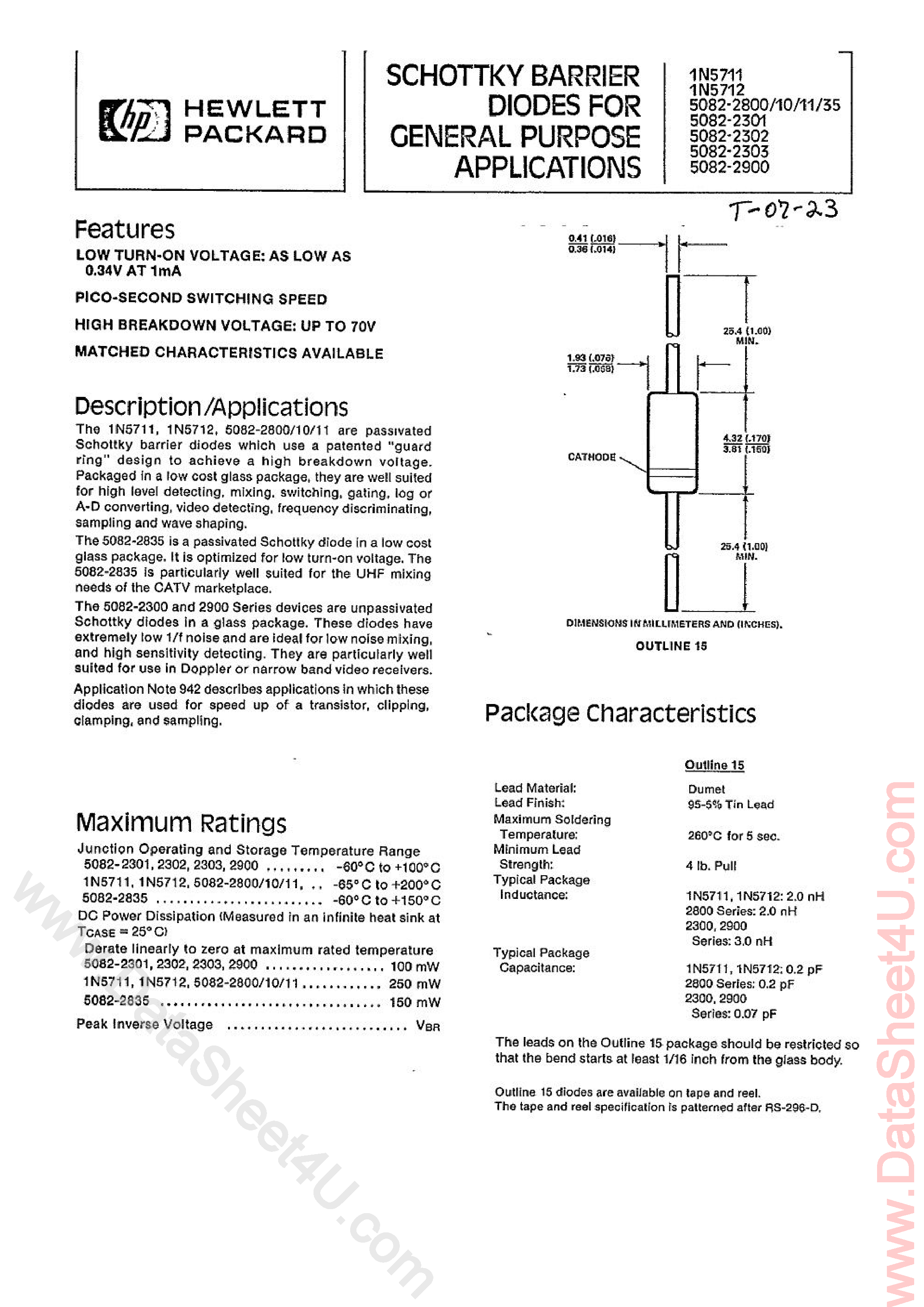Datasheet 5082-2301 page 1 Datasheet 5082-2301 - (5082-2xxx) Schottky Barrier Diode page 1