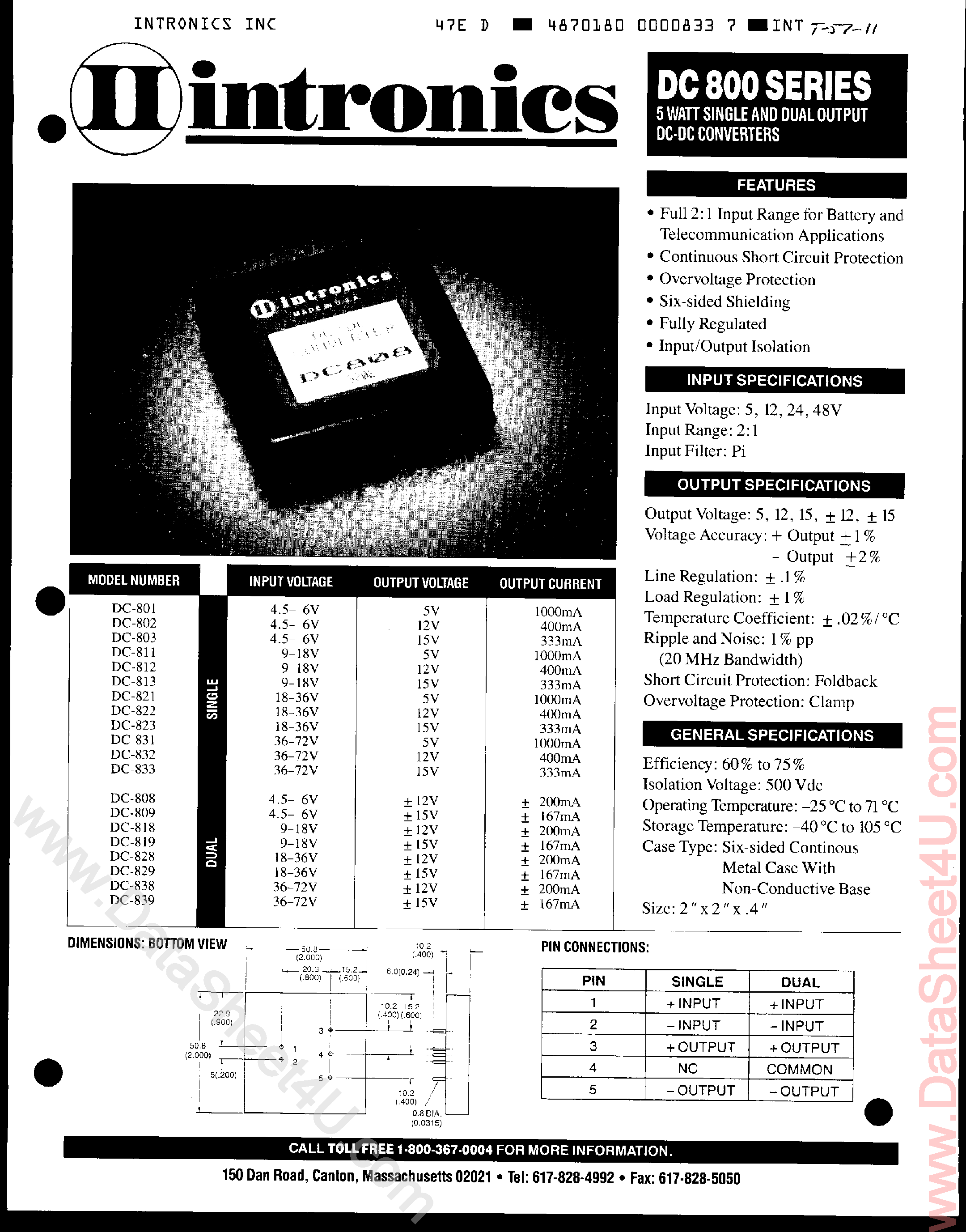 Datasheet DC801 - (DC800 Series) 5 Watt Single and Dual Output DC-DC Converters page 1