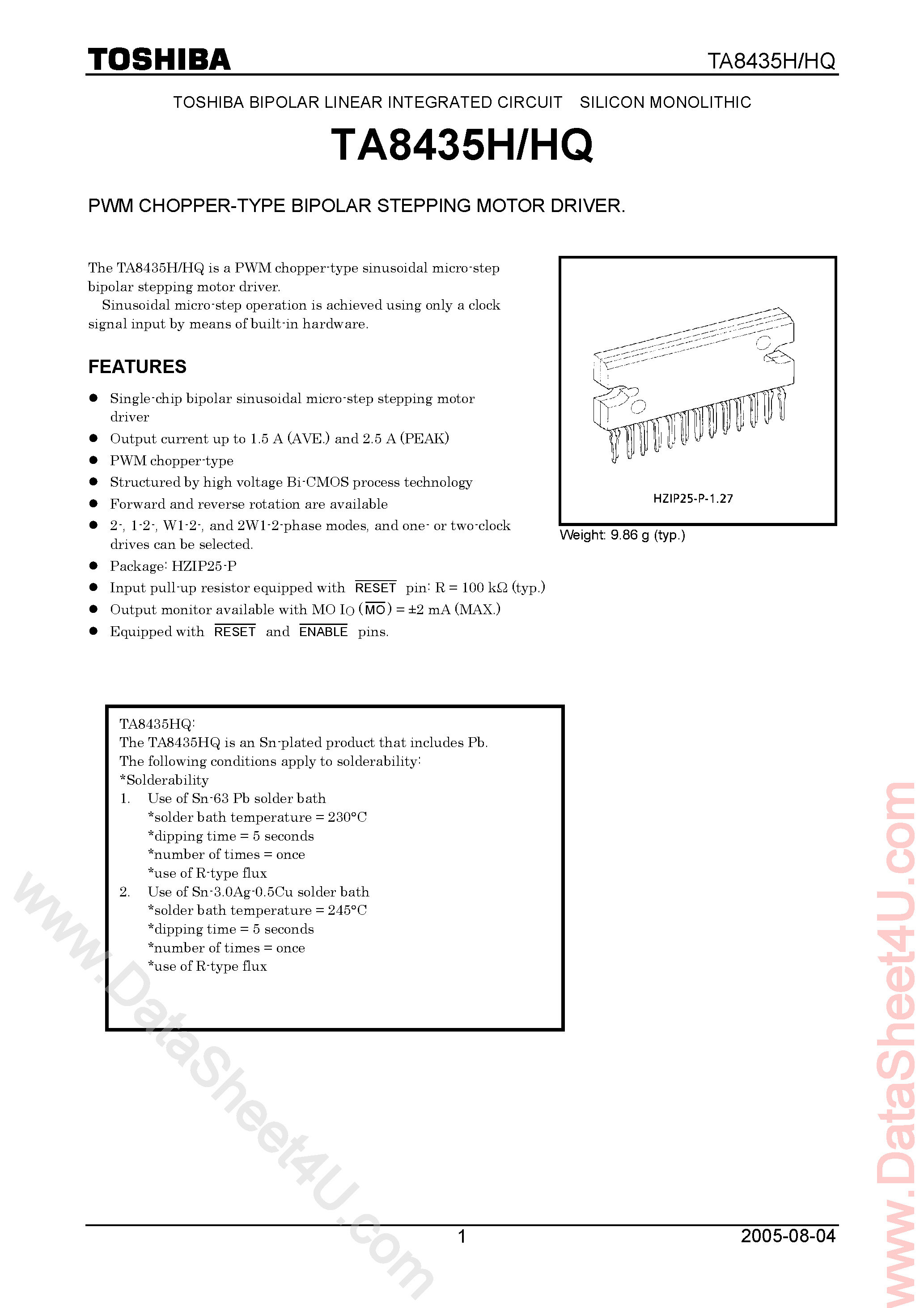 Даташит TA8435H - PWM Chopper Type Bipolar Stepping Motor Driver страница 1