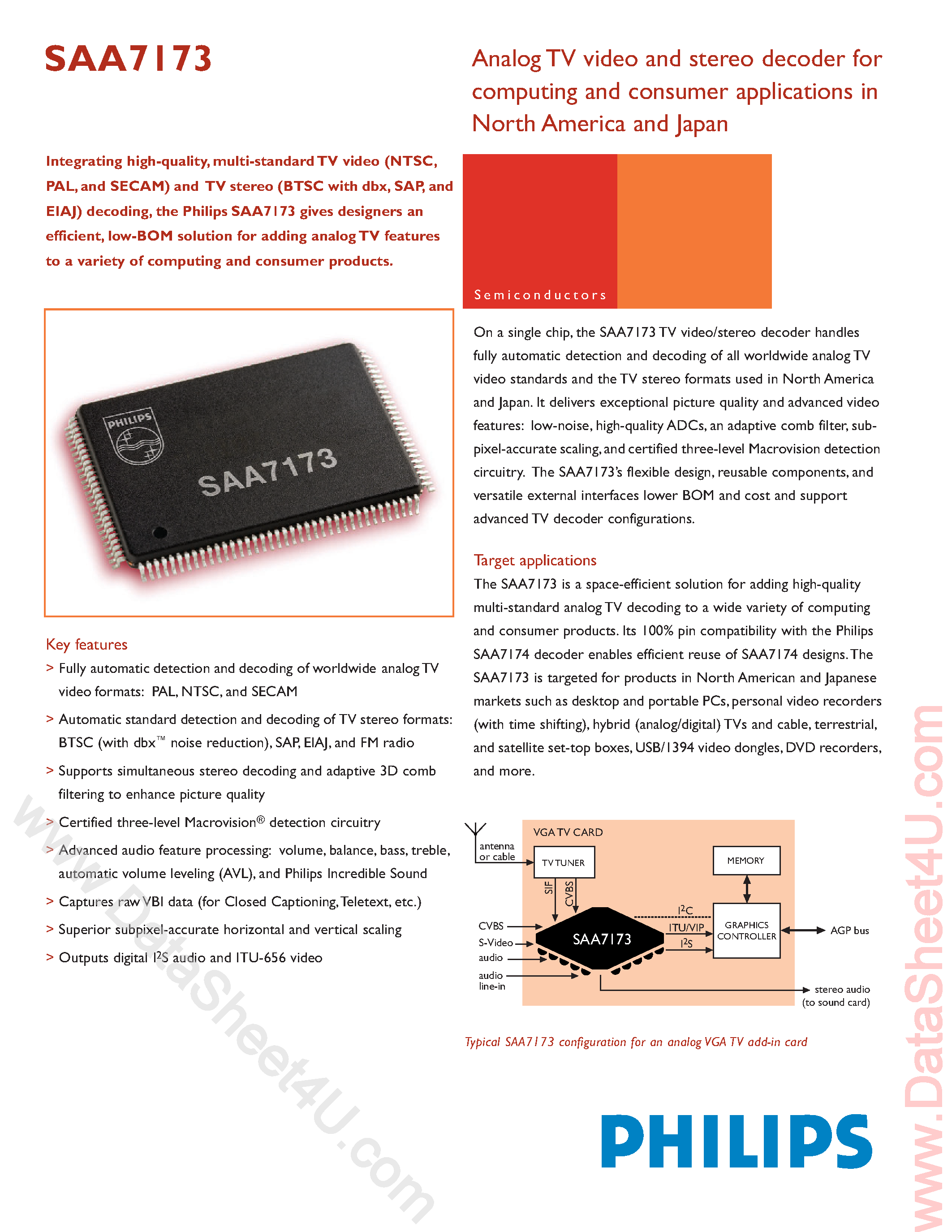Даташит SAA7173 - Analog TV Video and Stereo Decoder страница 1