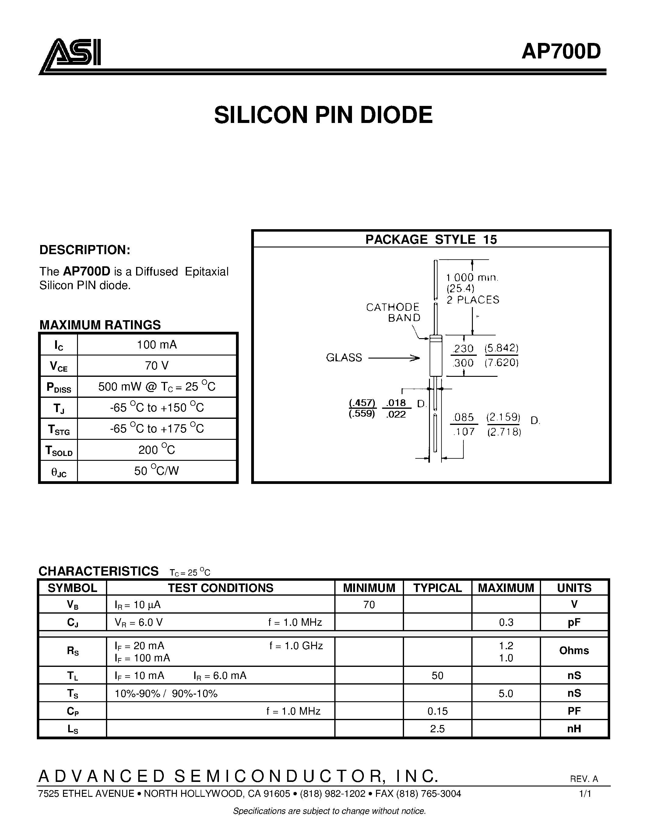 Datasheet AP700D - SILICON PIN DIODE page 1