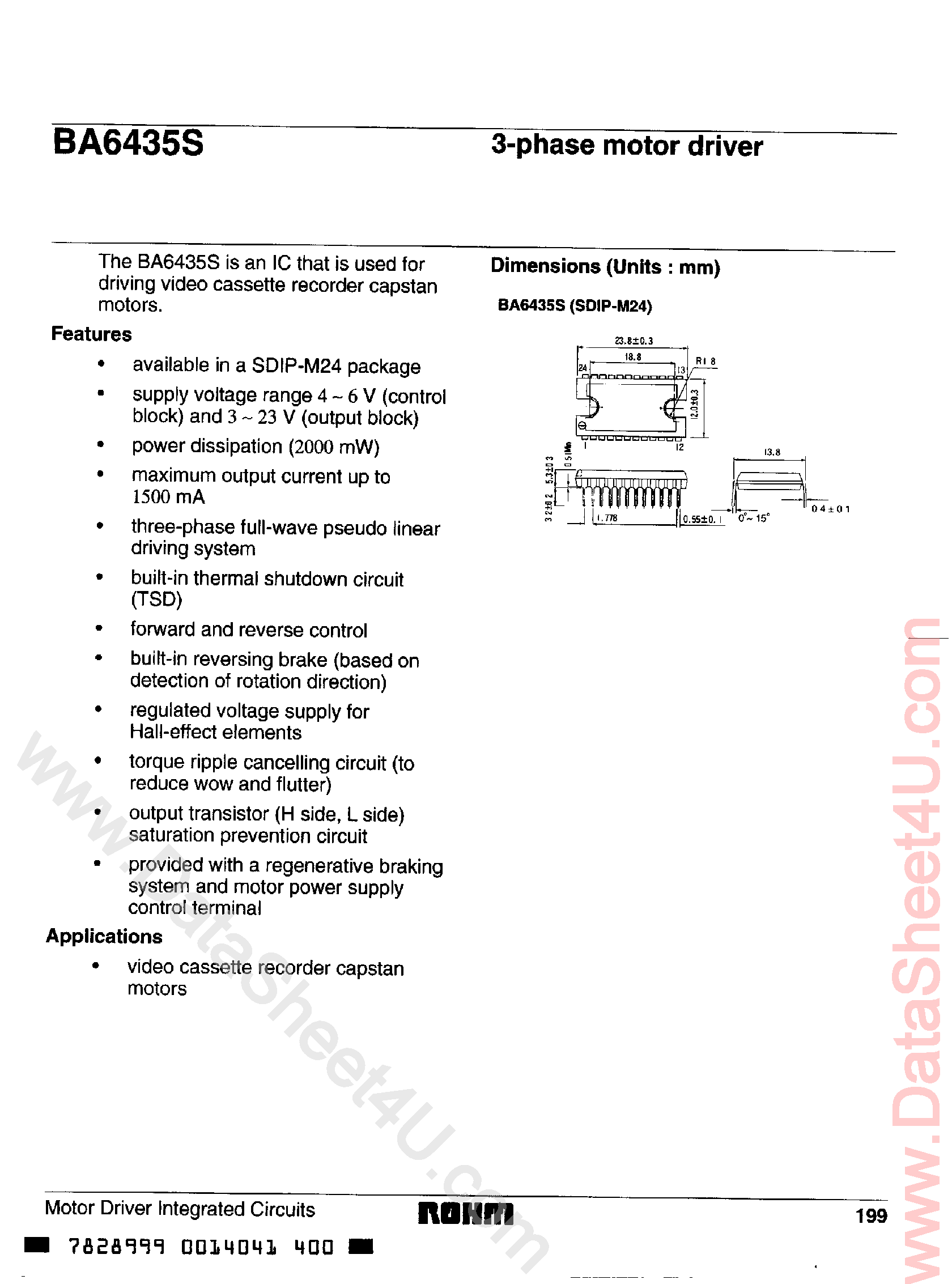 Datasheet BA6435S page 1 Datasheet BA6435S - 3-Phase Motor Driver page 1