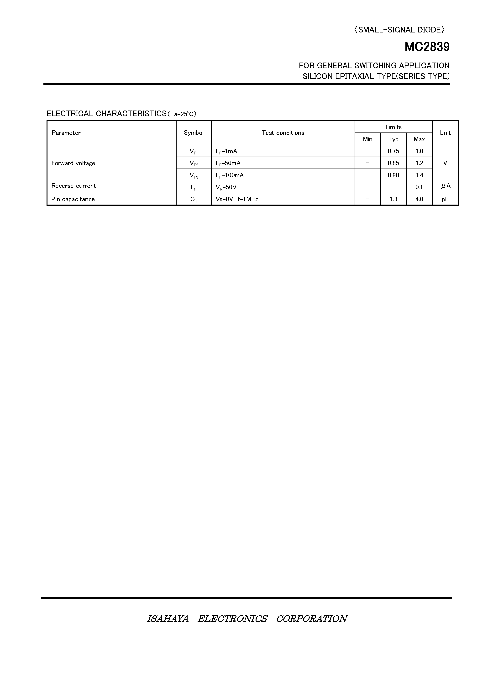 Даташит MC2839 - FOR GENERAL SWITCHING APPLICATION SILICON EPITAXIAL TYPE страница 2