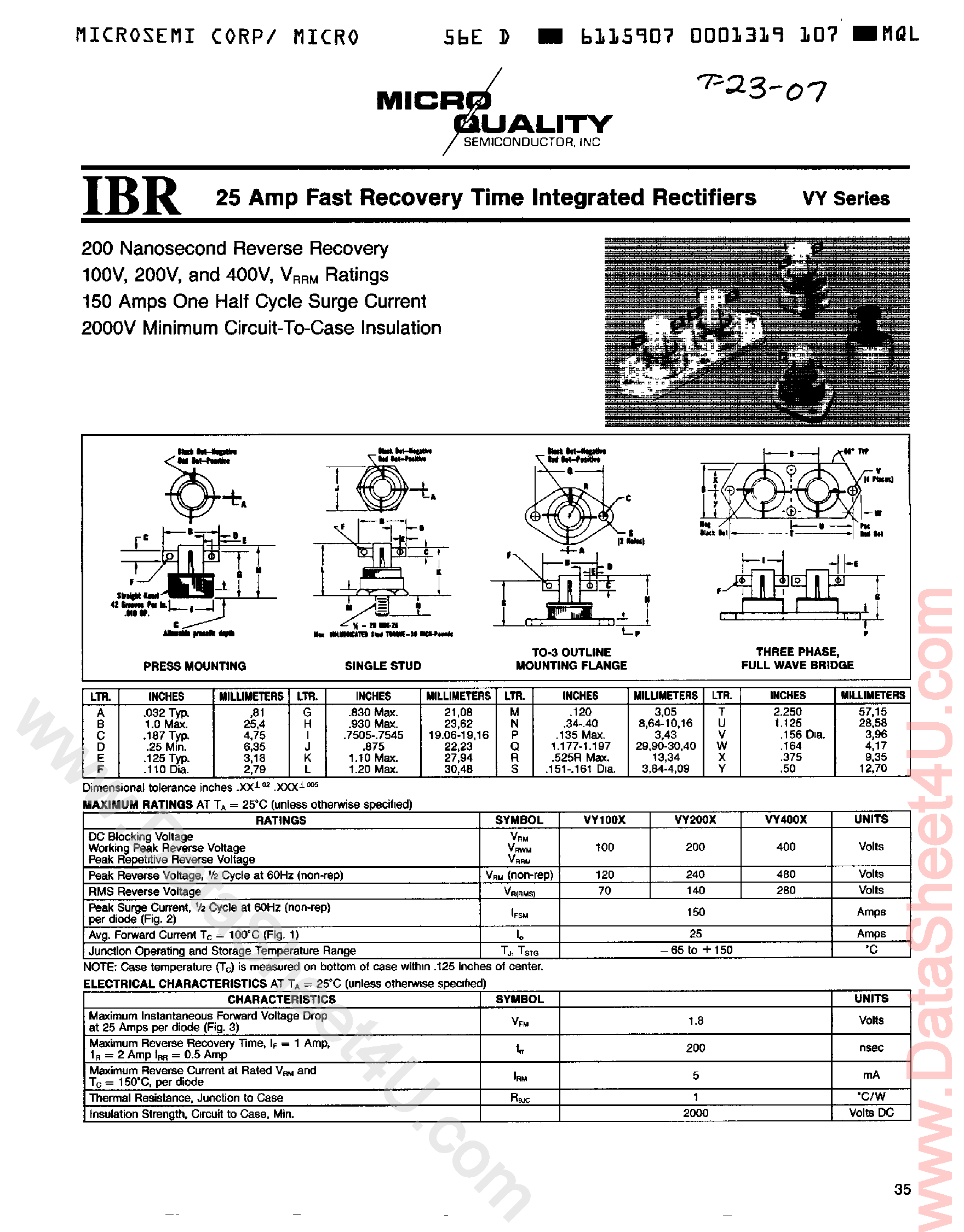 Datasheet VYB100X page 1 Datasheet VYB100X - (VY Series) 25 Amp Fast Recovery Time Integrated Rectifiers page 1