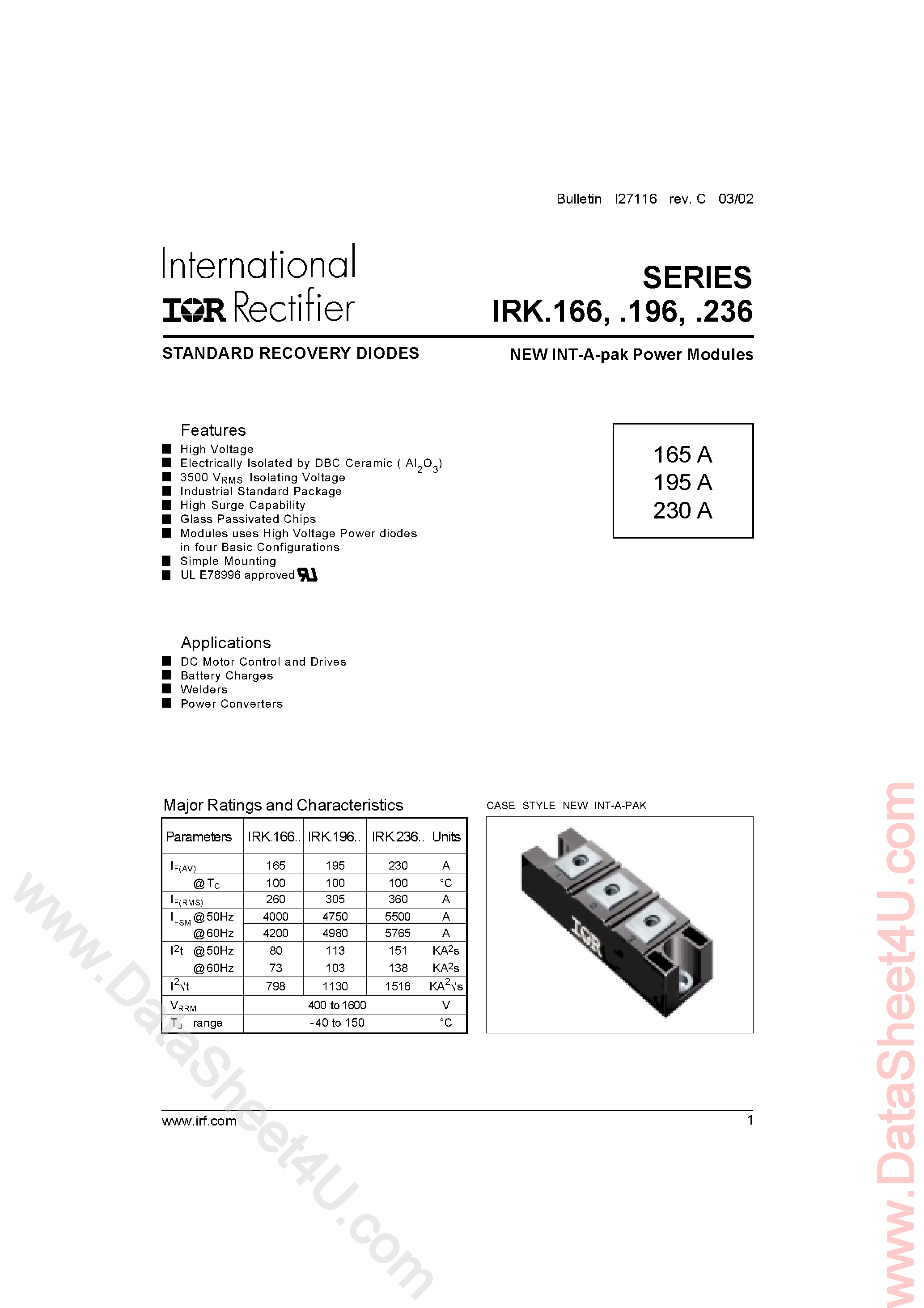 Datasheet IRKJ166 - (IRKJ166/196/236) 1600V Common Anode in a Int-a-pak Package page 1