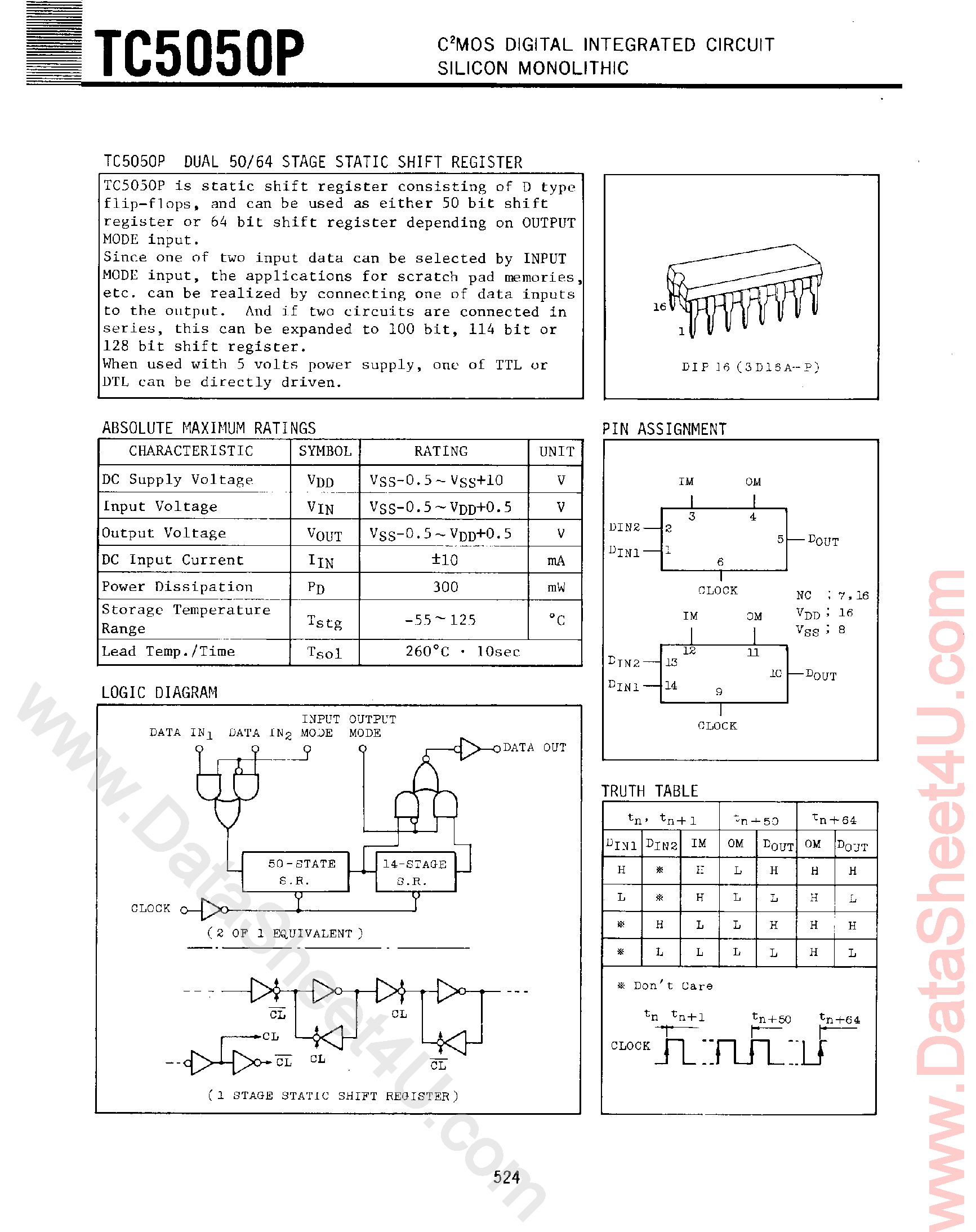 Даташит на микросхему TC5050P страница 1 Даташит TC5050P - Dual 50/64 Stage Static Shift Register страница 1