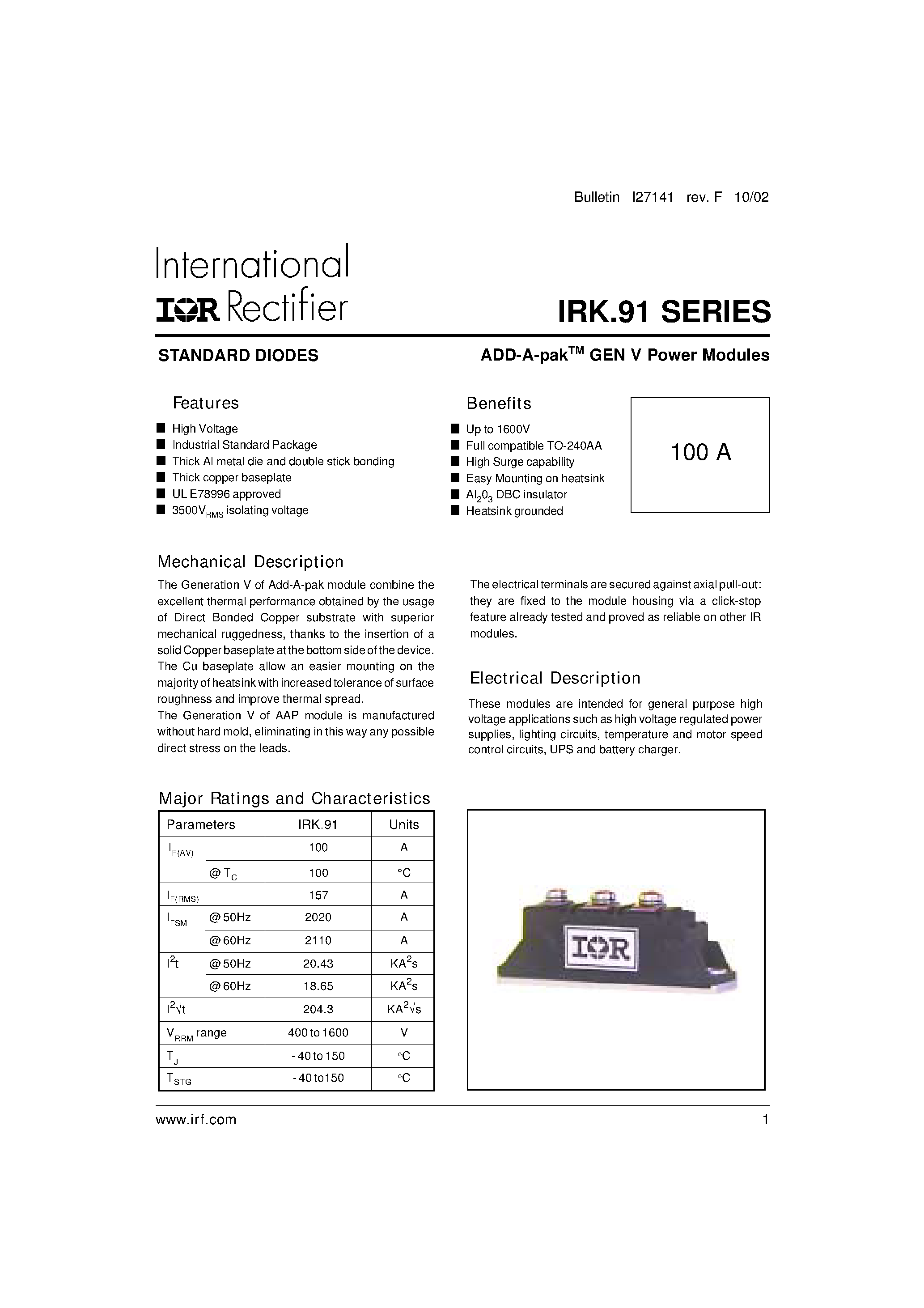 Datasheet IRKJ91 page 1 Datasheet IRKJ91 - ADD-A-pak GEN V Power Modules page 1