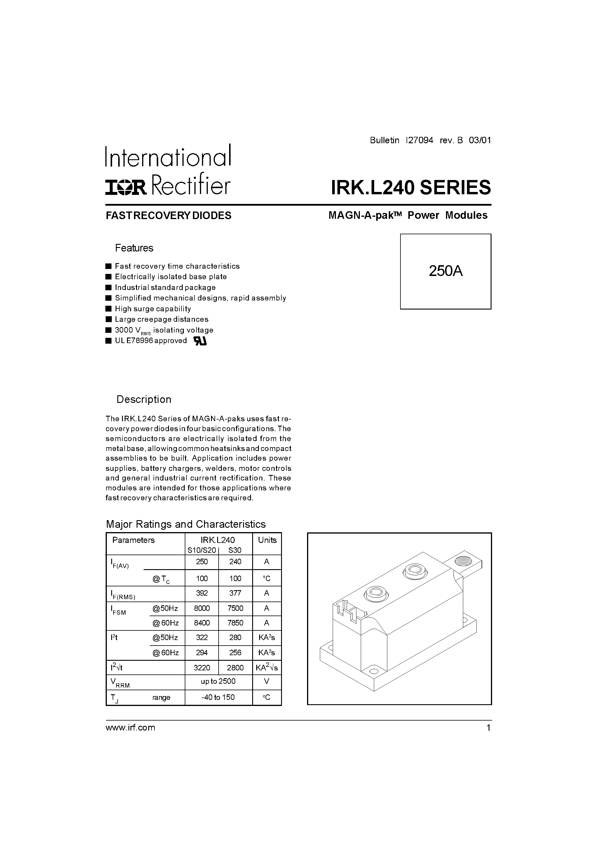 Даташит IRKJL240 - FAST RECOVERY DIODES страница 1