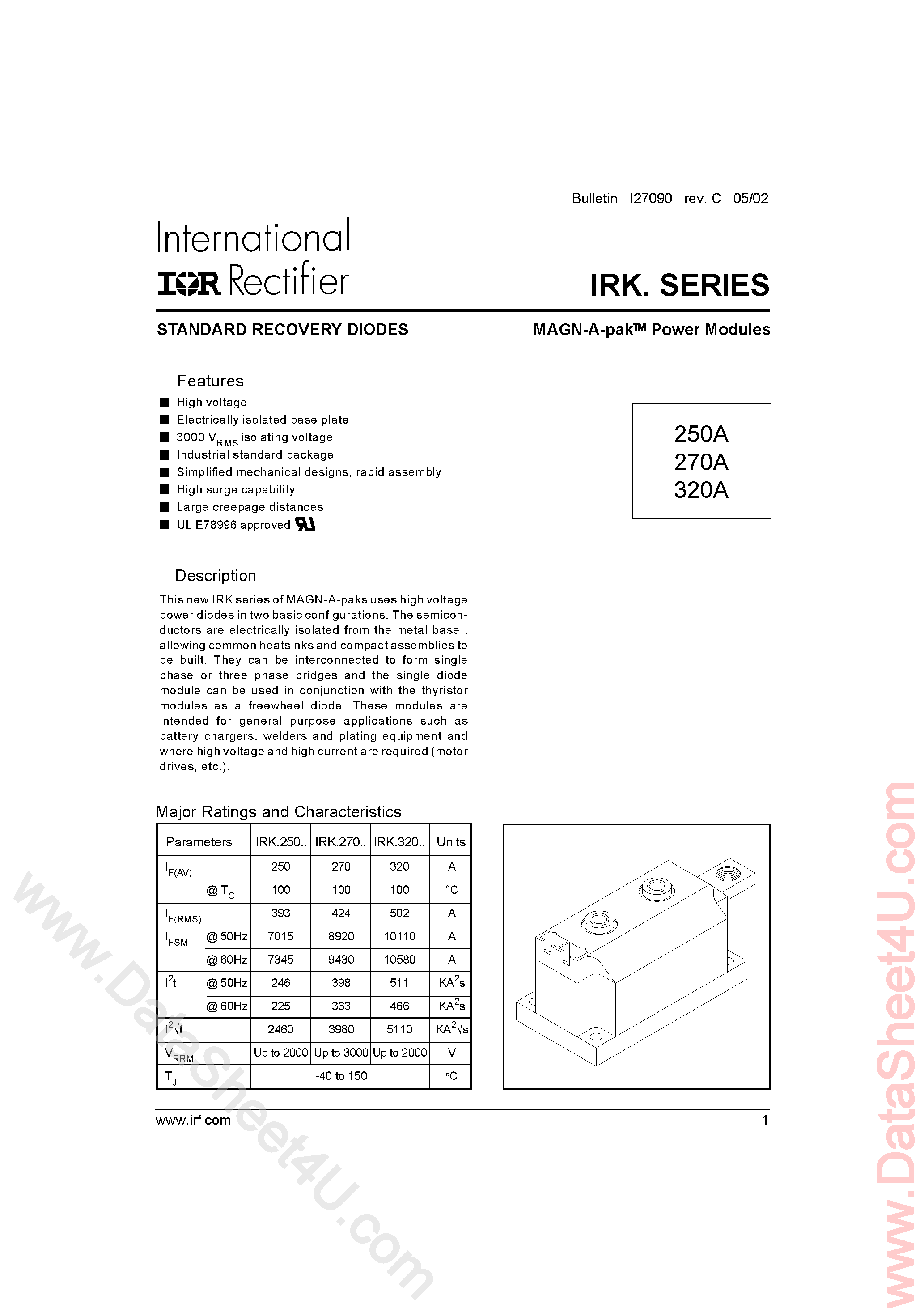 Даташит на микросхему IRKJ250 страница 1 Даташит IRKJ250 - (IRKJ250/270/320) Standard Recovery Diodes страница 1