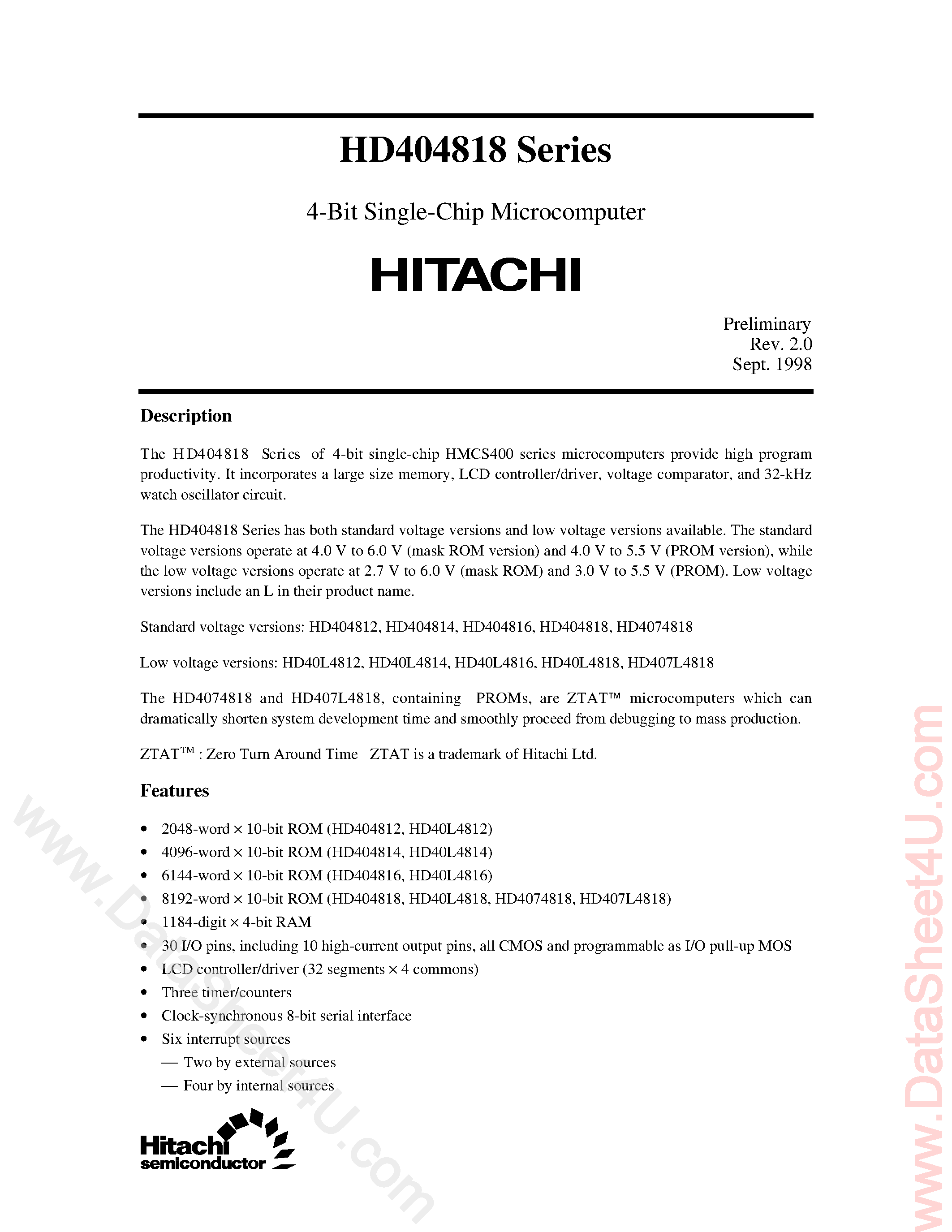 Datasheet HD404812 - (HD40L481x Series) 4-Bit Single-Chip Microcomputer page 1