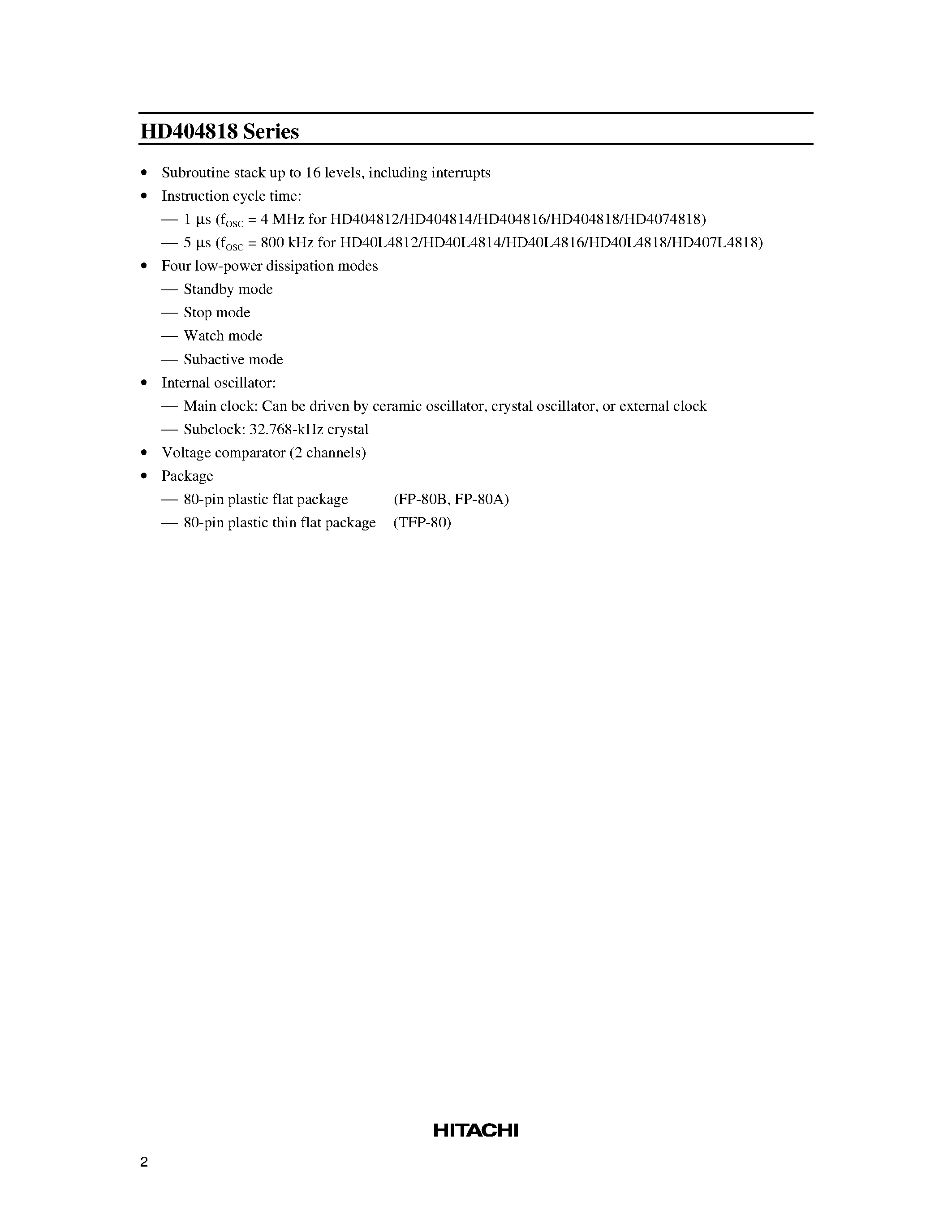 Datasheet HD404812 - (HD40L481x Series) 4-Bit Single-Chip Microcomputer page 2