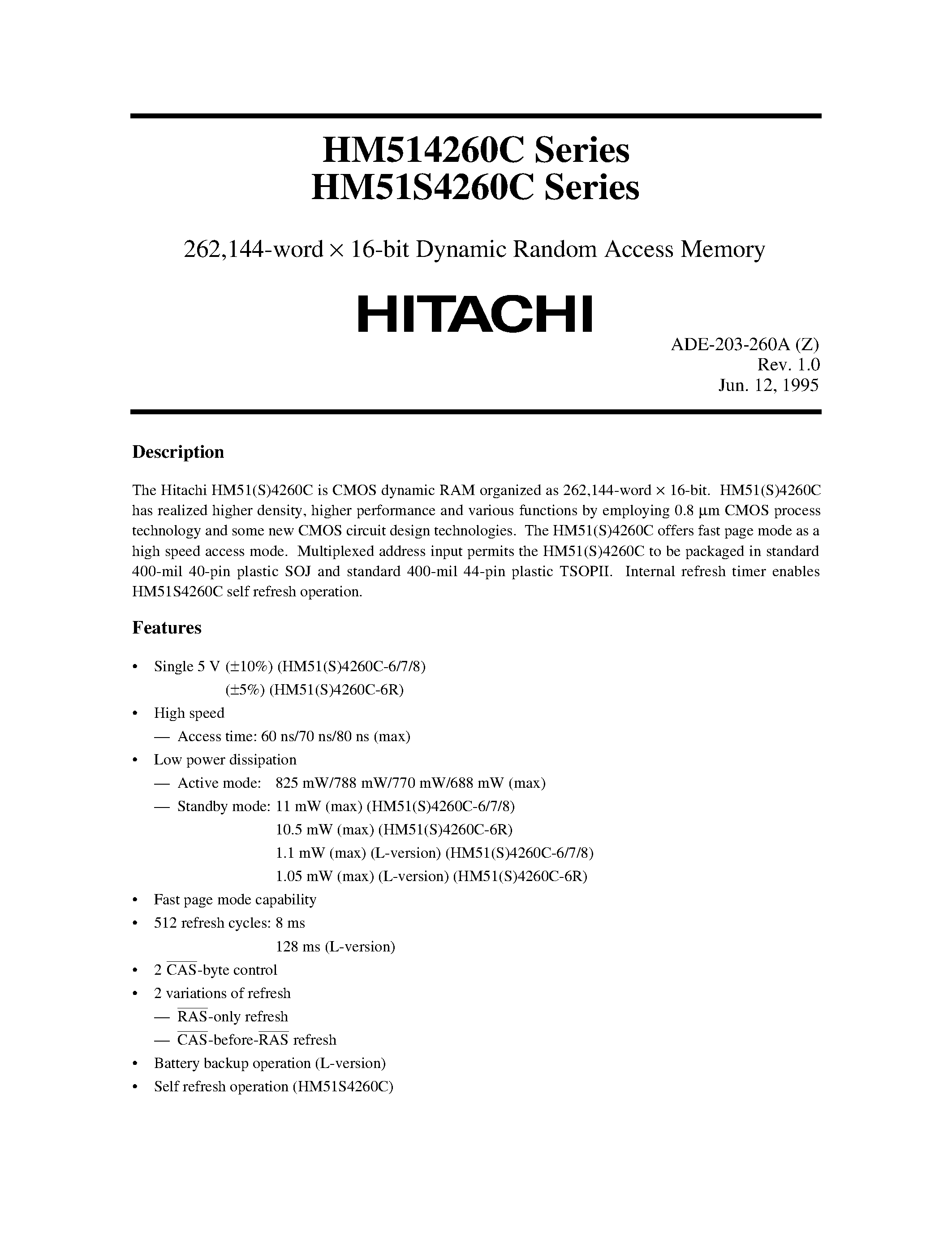 Даташит на микросхему HM51S4260C страница 1 Даташит HM51S4260C - 262144-word x 16-bit Dynamic Random Access Memory страница 1