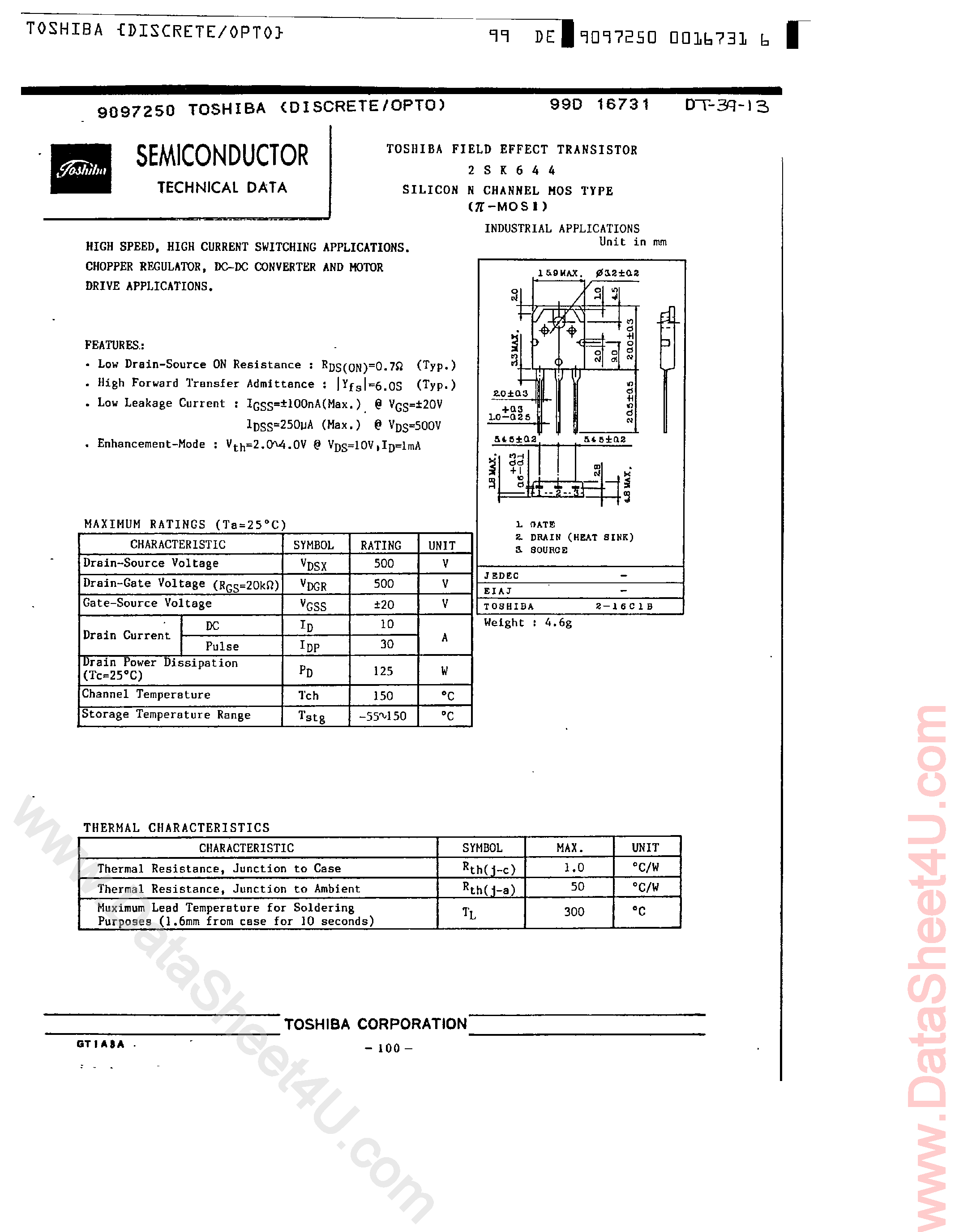 Datasheet 2SK644 - Silicon N-Channel MOS Type page 1