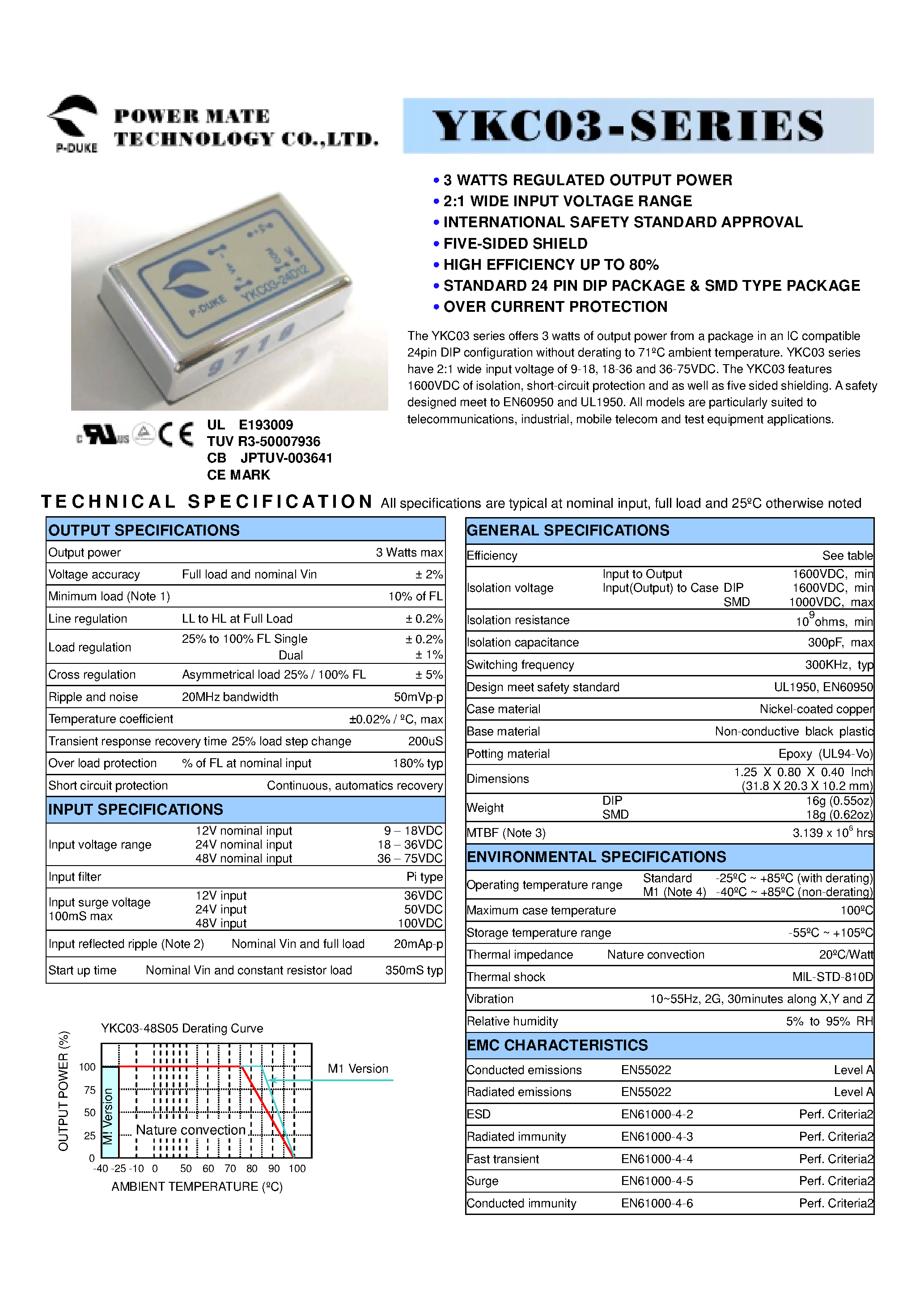 Даташит на микросхему YKC03 страница 1 Даташит YKC03 - 3 WATTS REGULATED OUTPUT POWER страница 1