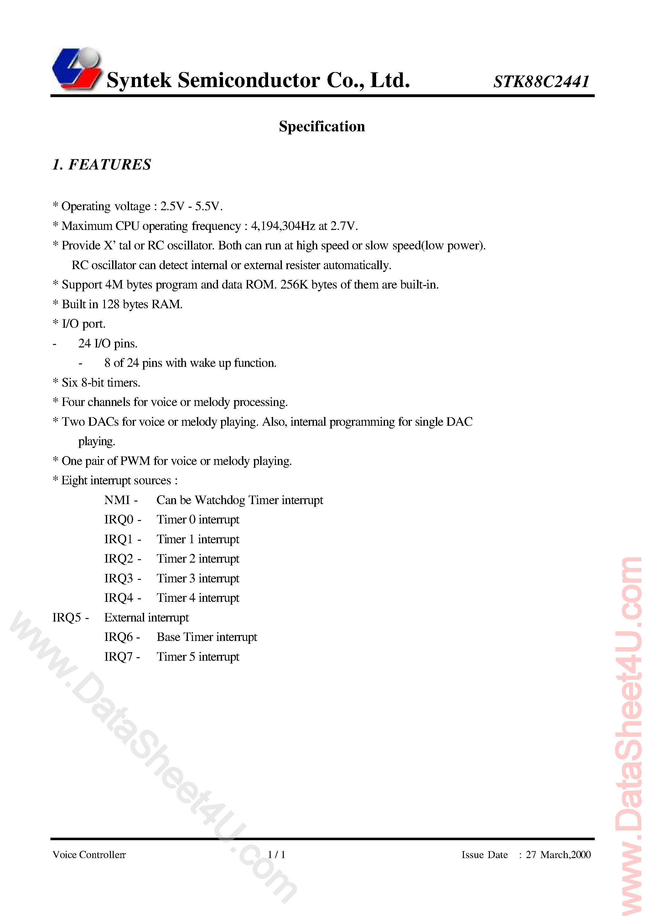 Datasheet STK88C2441 - Adpcm Voice Controller page 1