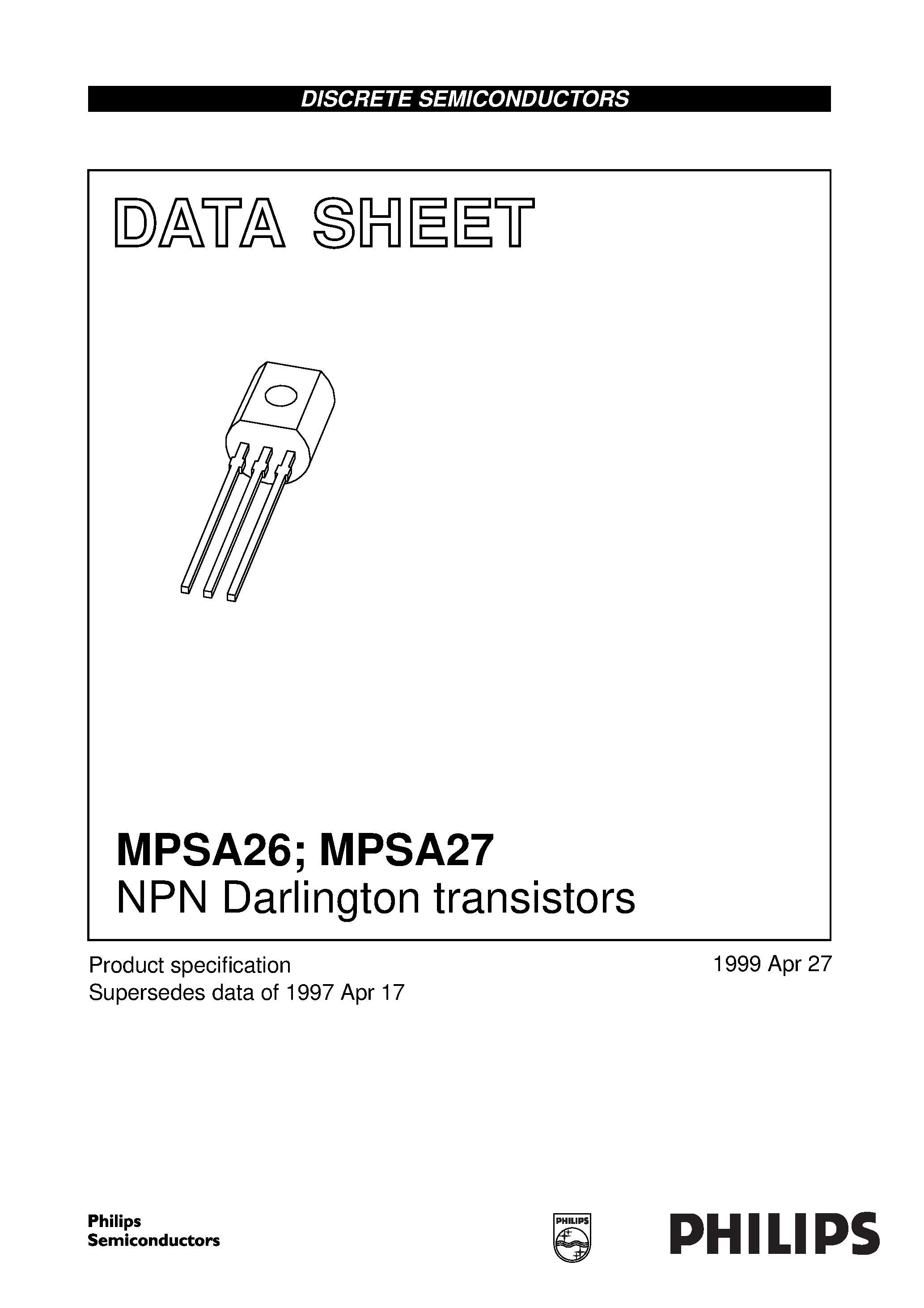 Datasheet MPSA26 page 1 Datasheet MPSA26 - (MPSA26 / MPSA27) NPN Darlington transistors page 1