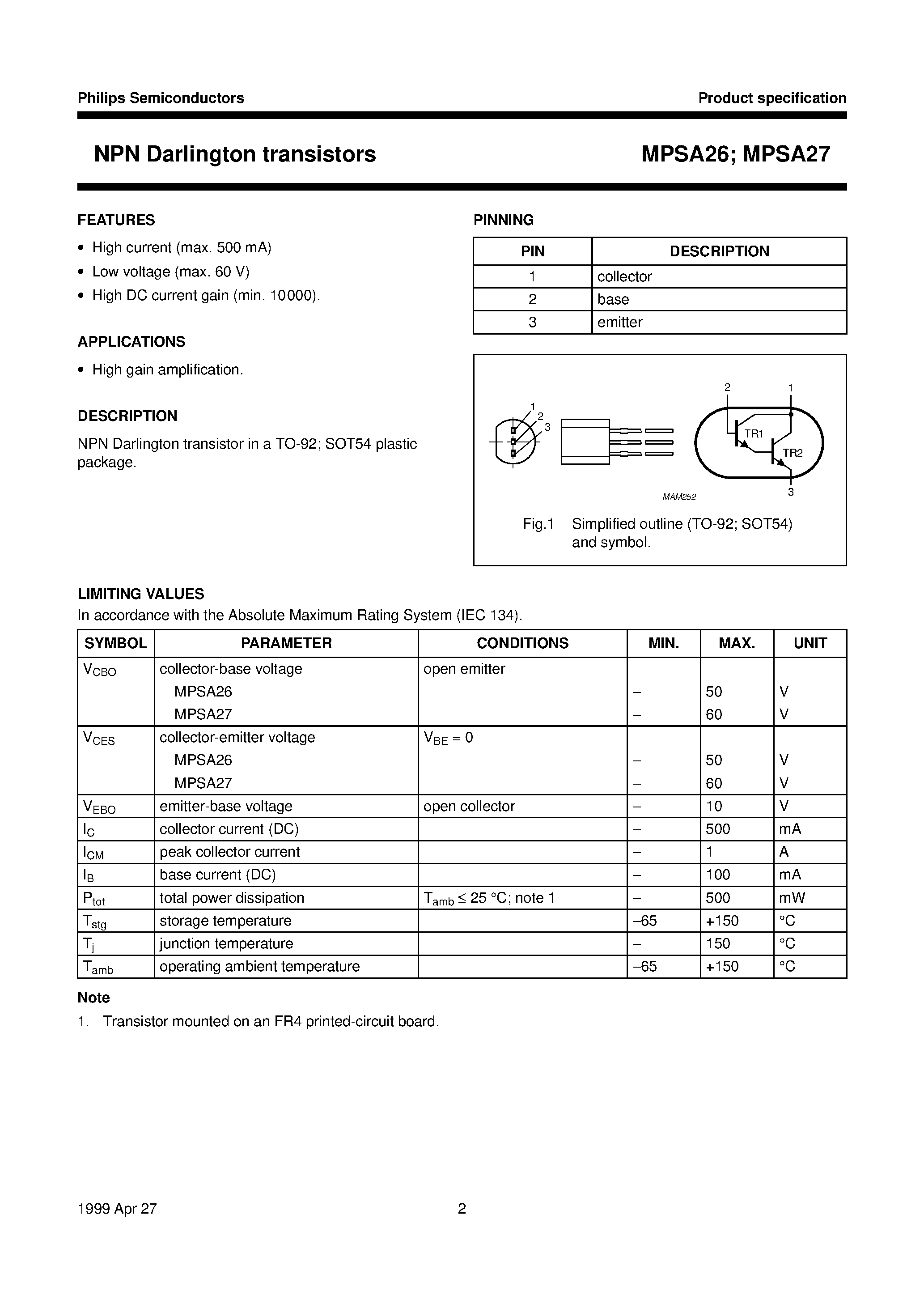Datasheet MPSA26 page 2 Datasheet MPSA26 - (MPSA26 / MPSA27) NPN Darlington transistors page 2